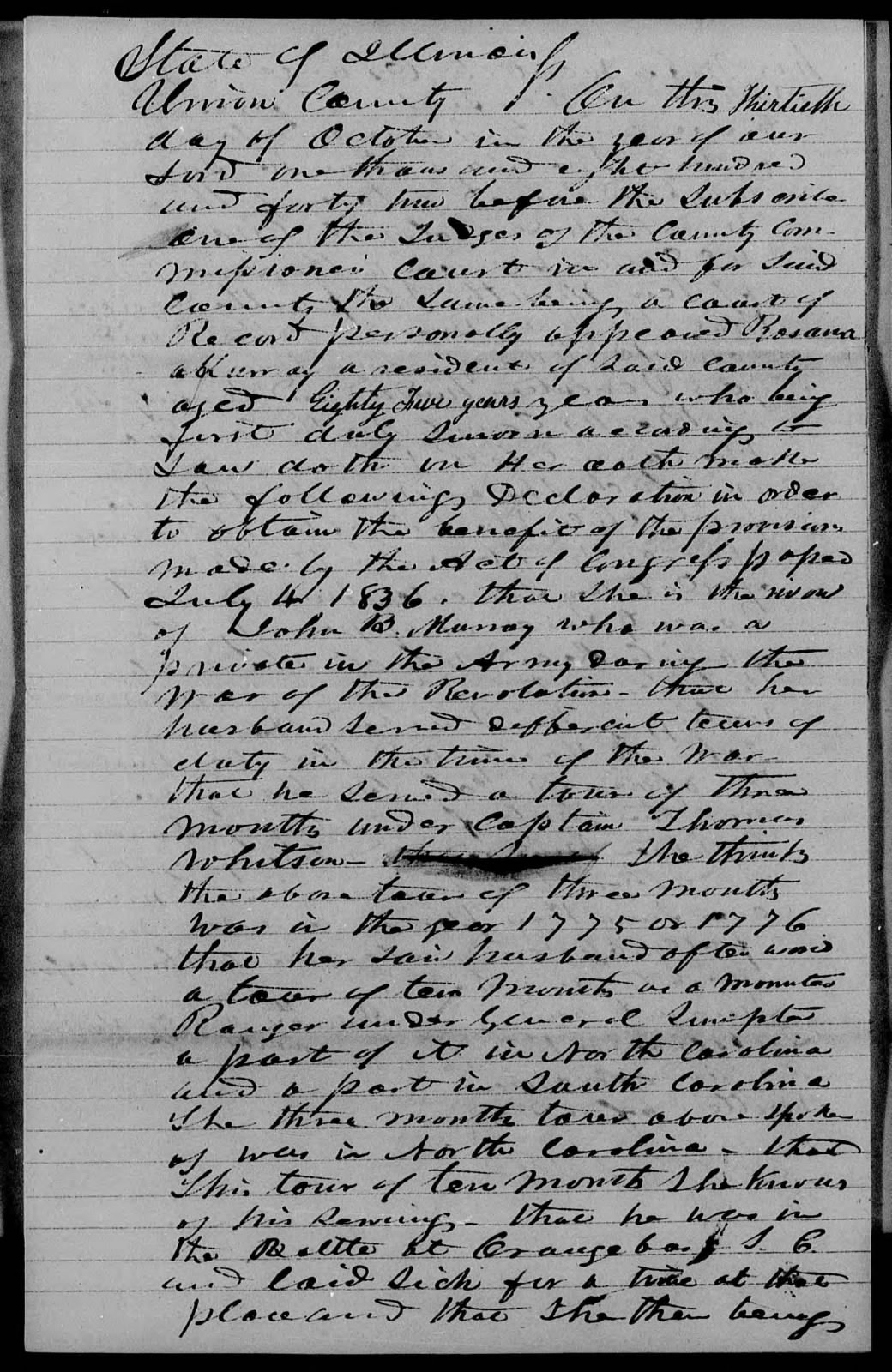 Application for a Widow's Pension from Rosana Murray, 30 October 1842, page 1