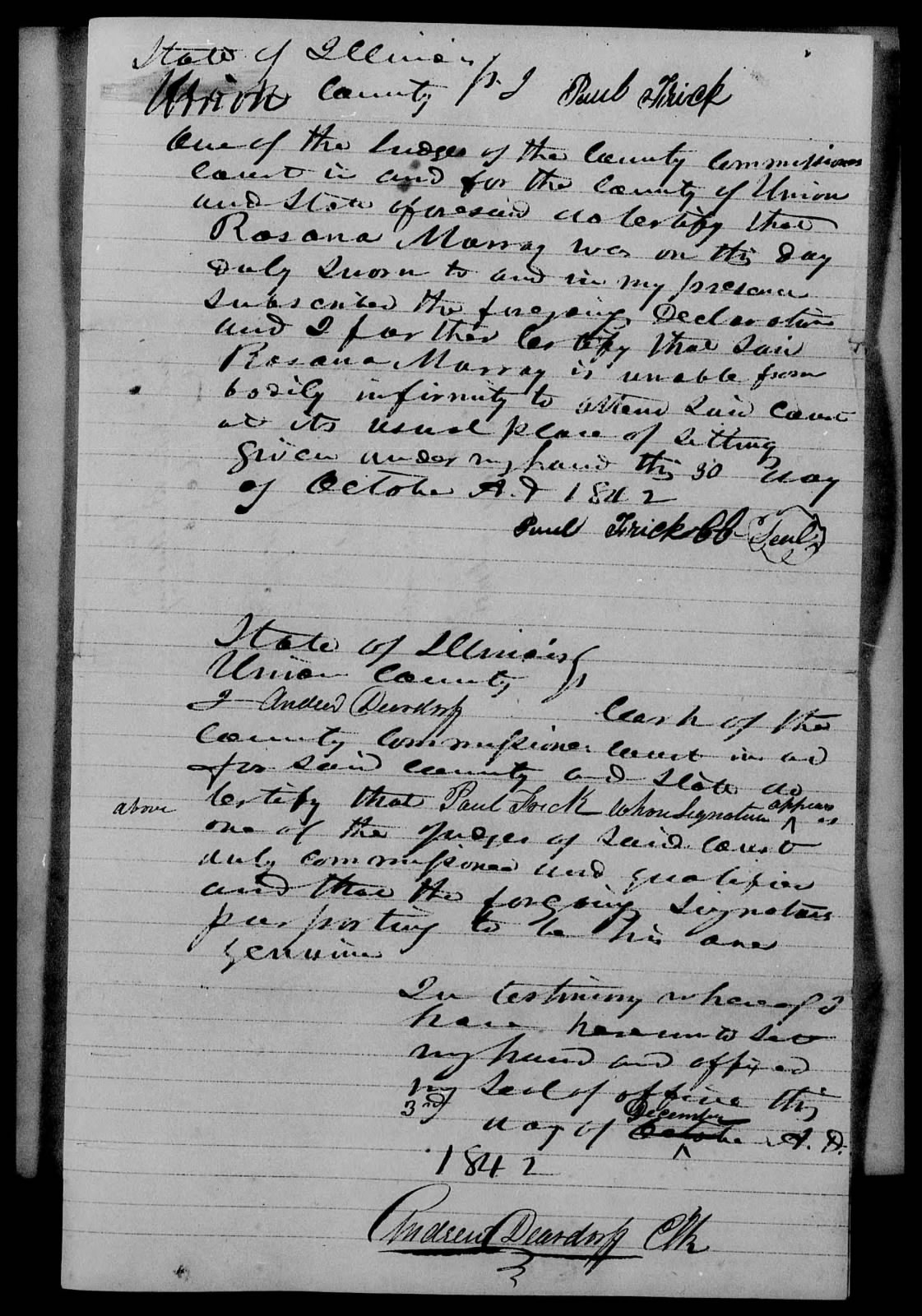 Application for a Widow's Pension from Rosana Murray, 30 October 1842, page 3