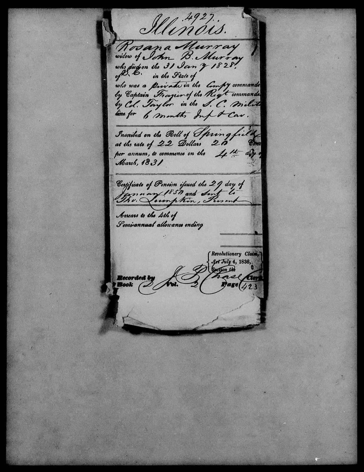 Docket for Widow's Pension from the U.S. Pension Office for Rosana Murray, 29 January 1850