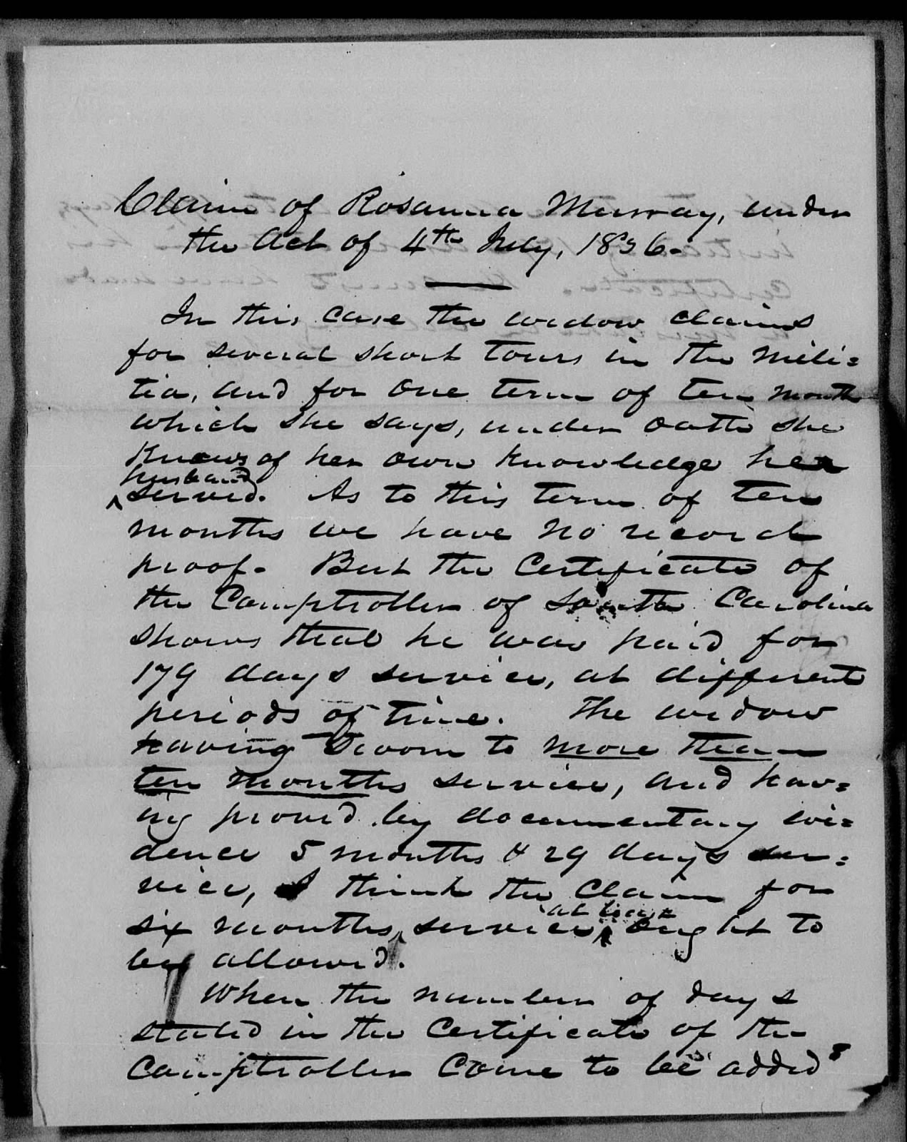 Report of the Pension of Susana Murray from J. J. Combs, circa December 1849, page 1