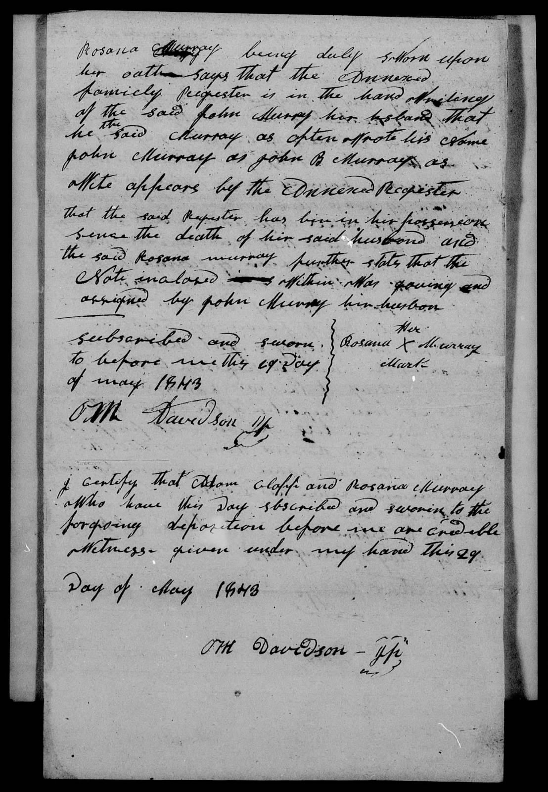 Affidavit of Rosana Murray in support of her Pension Claim, 29 May 1843, page 1