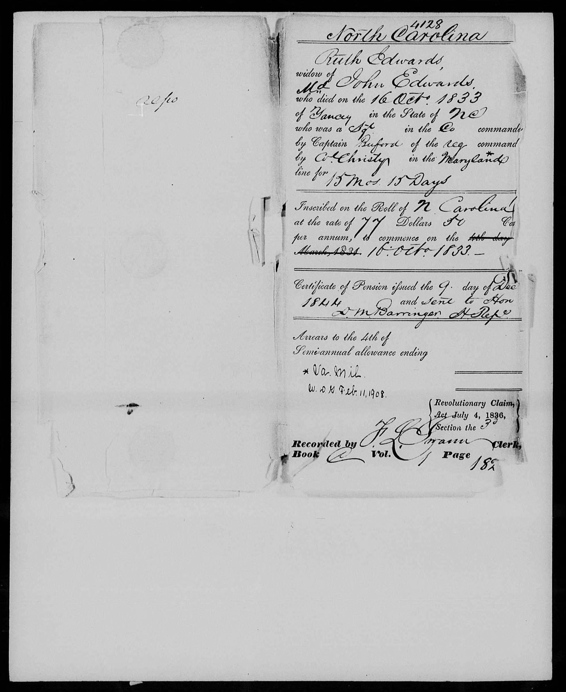 Docket for Widow's Pension from the U.S. Pension Office for Ruth Edwards, 9 December 1844