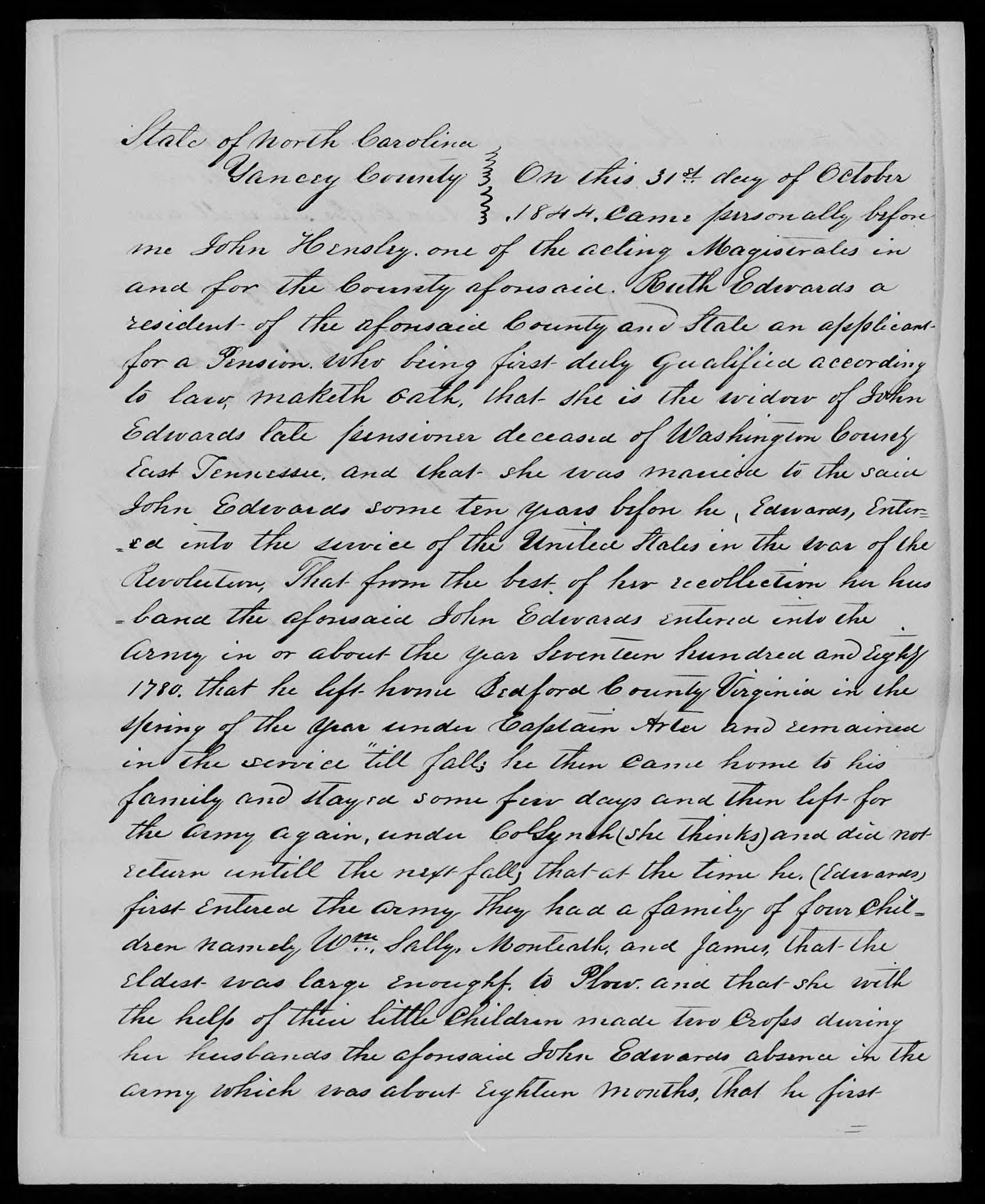  Application for a Widow's Pension from Ruth Edwards, 31 October 1844, page 1