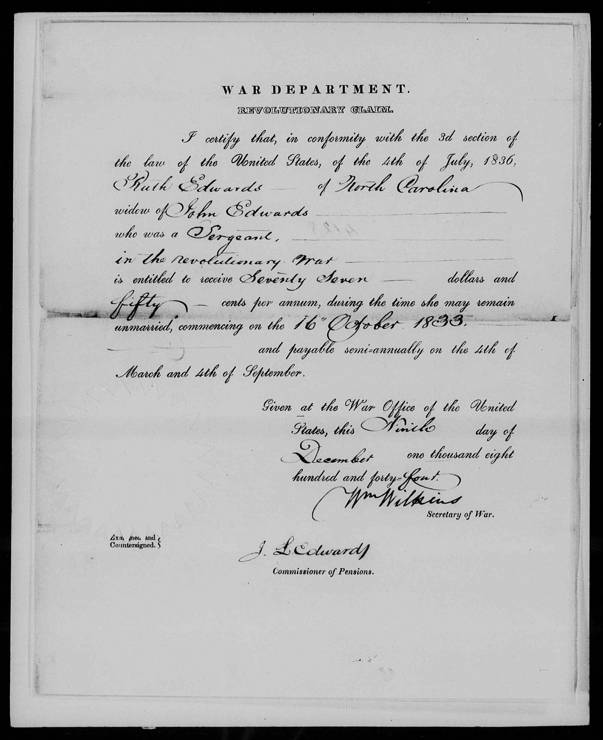 Authorization of Pension Claim from William Wilkins for Ruth Edwards, 9 December 1844, page 1