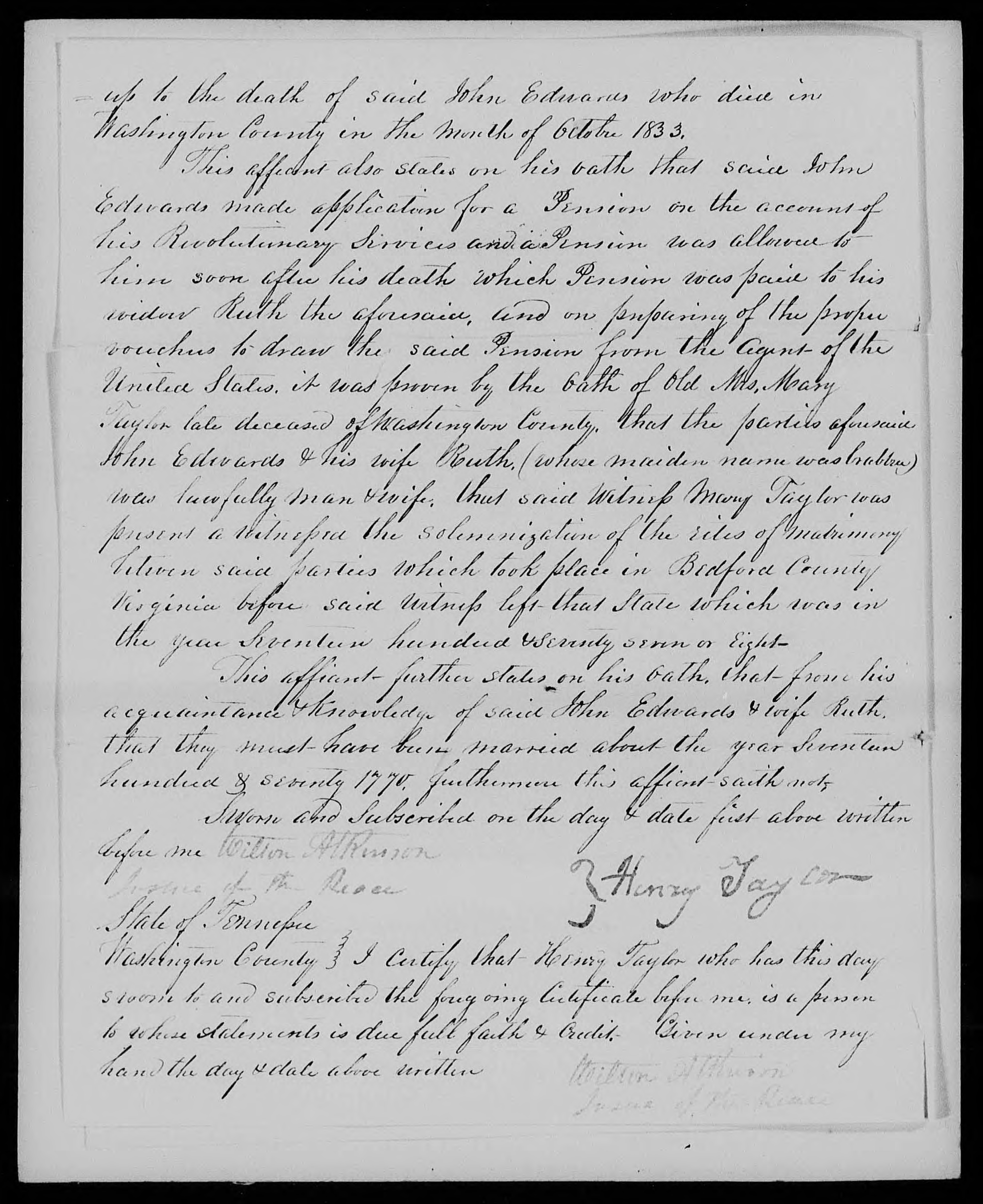 Affidavit of Henry Taylor in support of a Pension Claim for Ruth Edwards, 7 March 1844, page 2