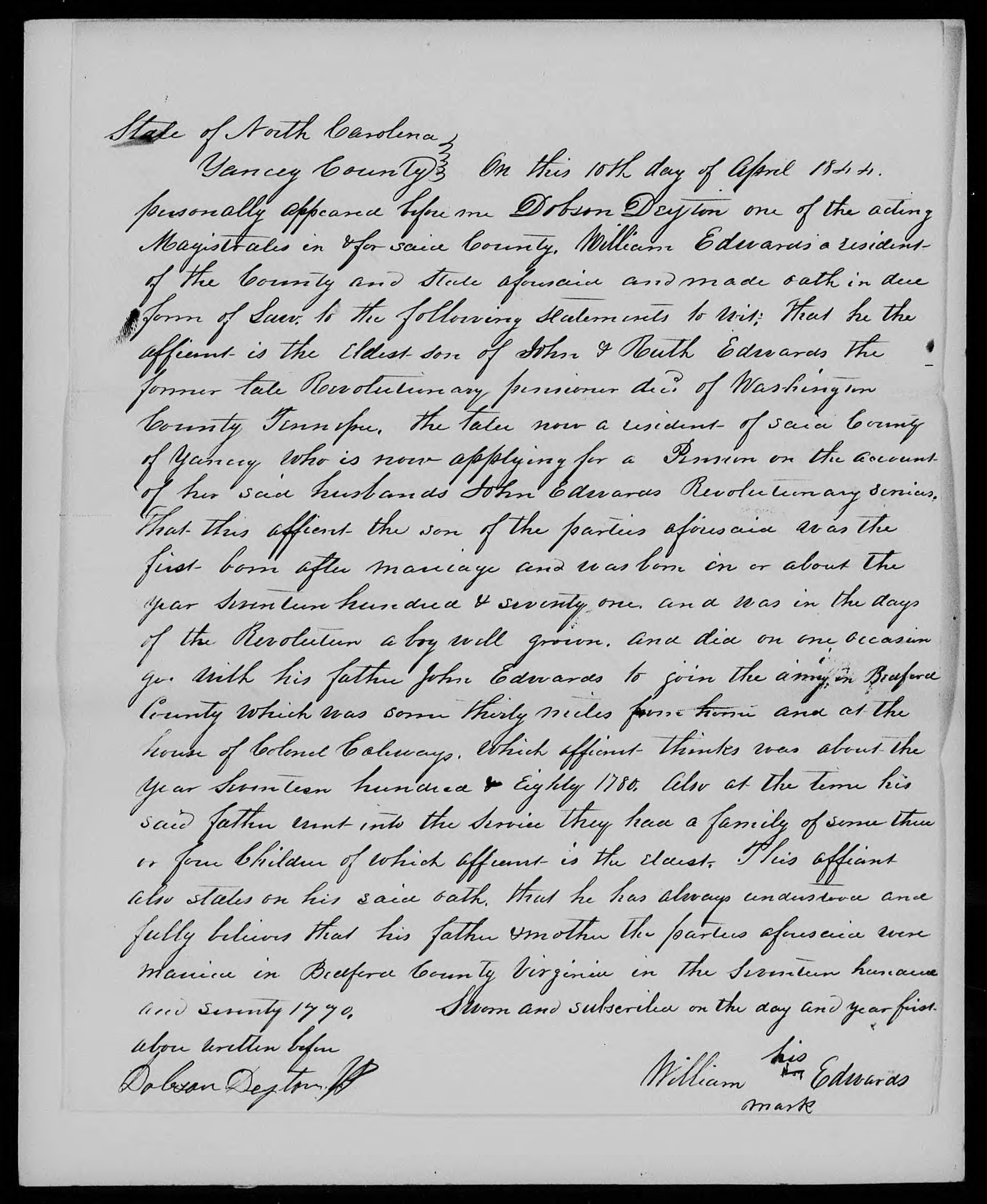 Affidavit of William Edwards Jr. in support of a Pension Claim for Ruth Edwards, 10 April 1844, page 1