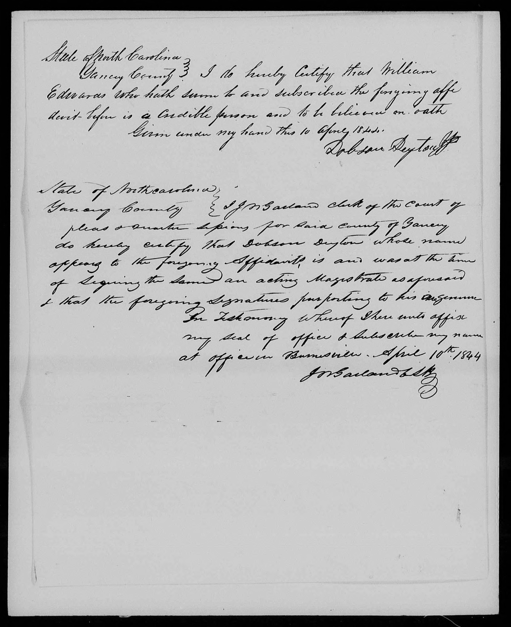 Affidavit of William Edwards Jr. in support of a Pension Claim for Ruth Edwards, 10 April 1844, page 2