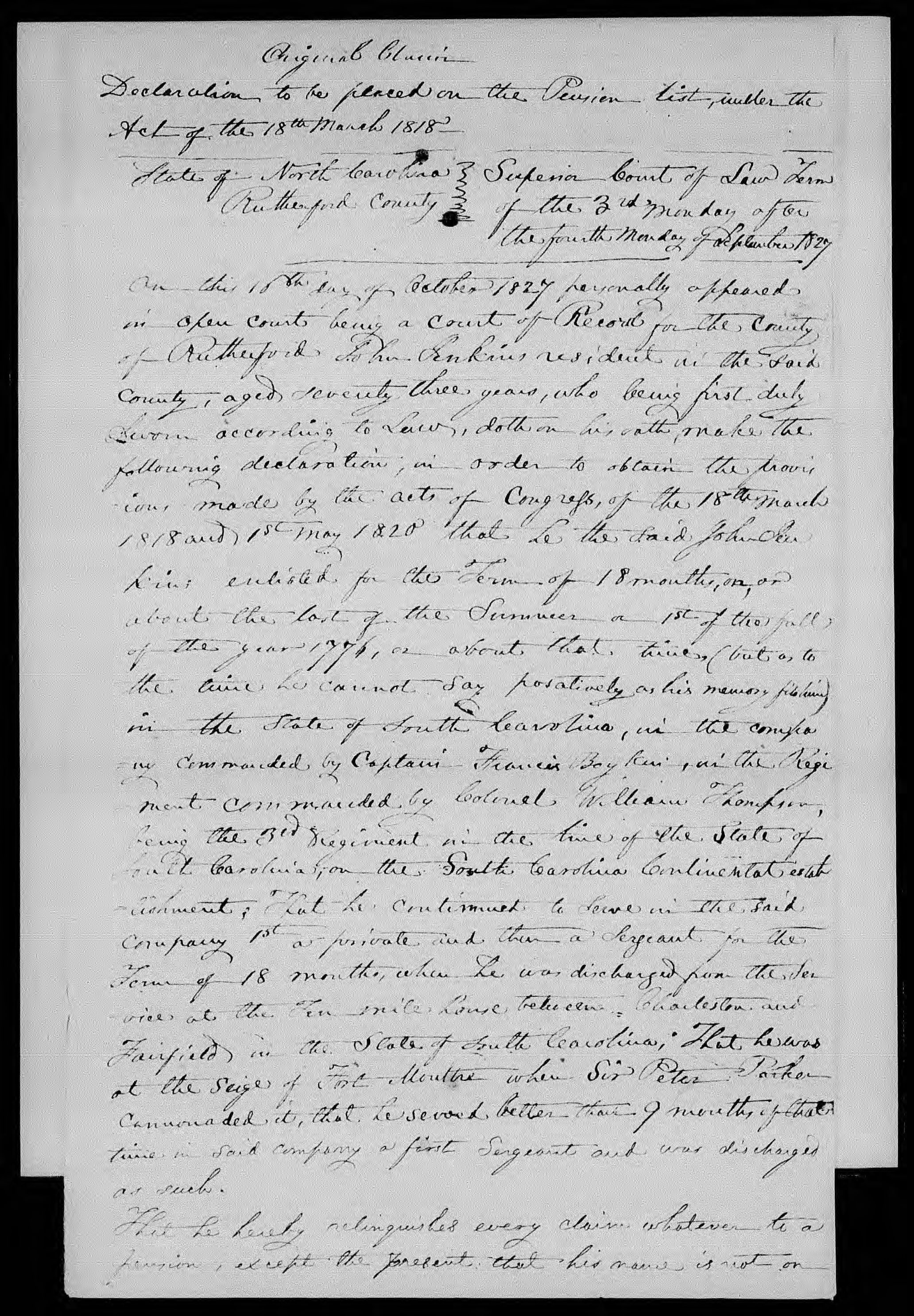 Application for a Veteran's Pension from John Jenkins, 18 October 1827, page 1