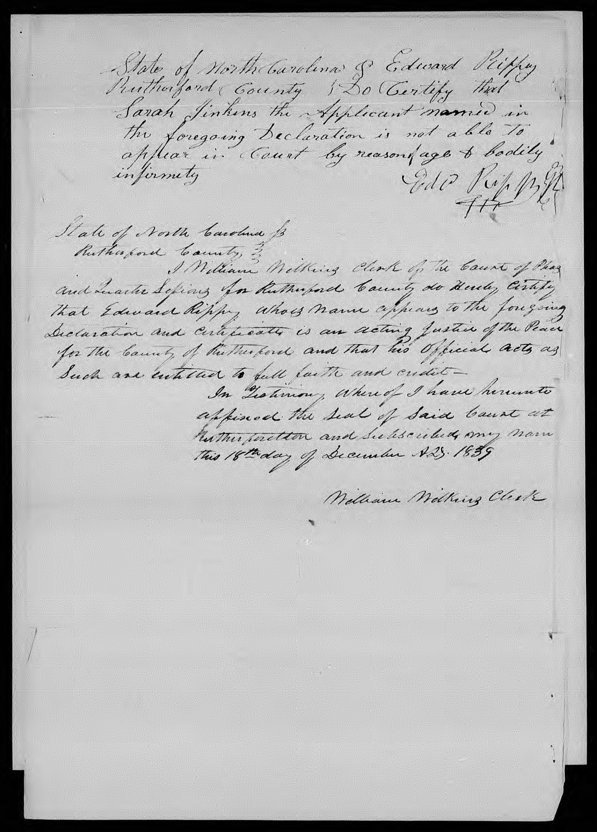 Application for a Widow's Pension from Sarah Jenkins, 16 November 1839, page 2