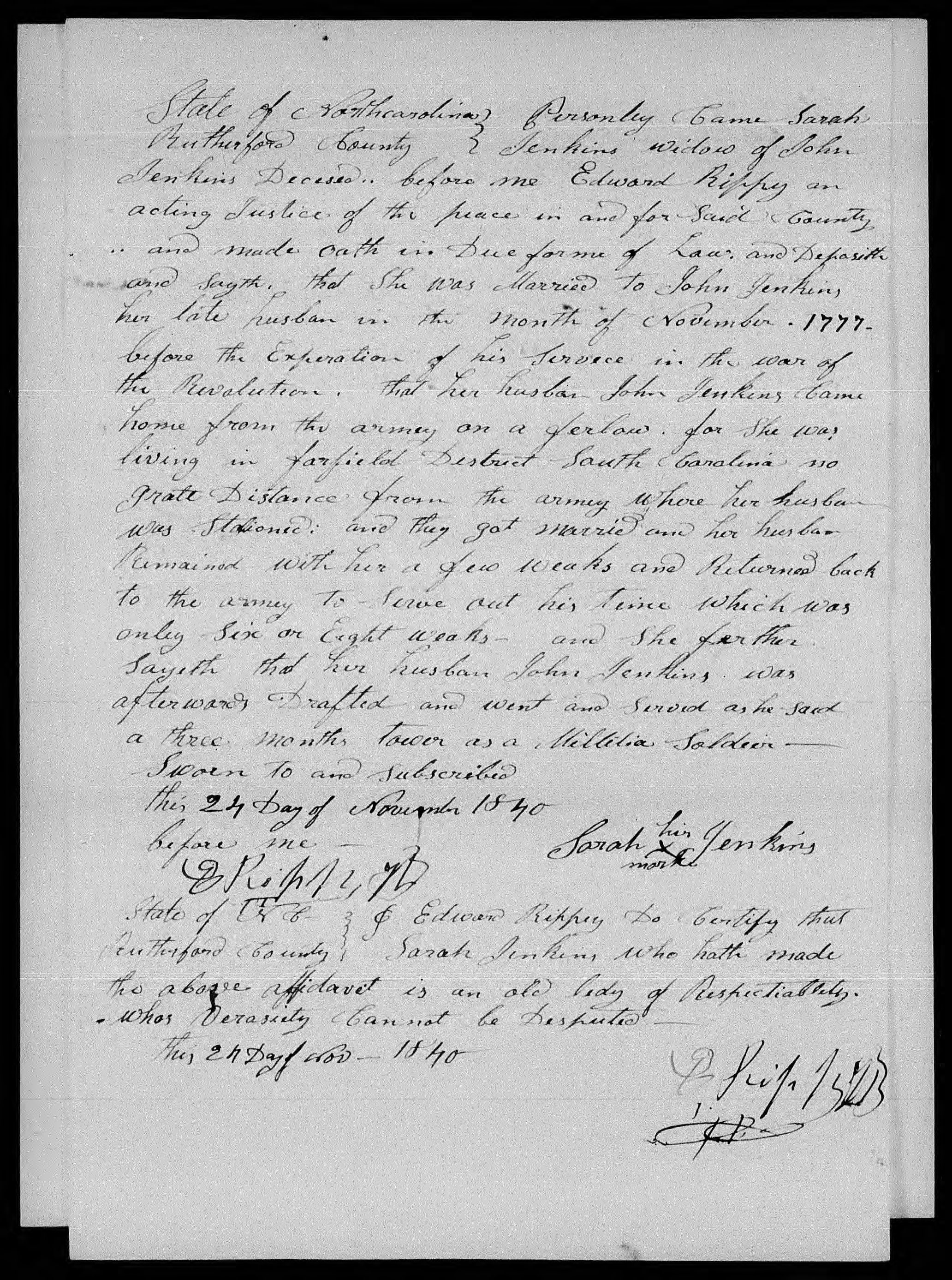 Application for a Widow's Pension from Sarah Jenkins, 24 November 1840, page 1