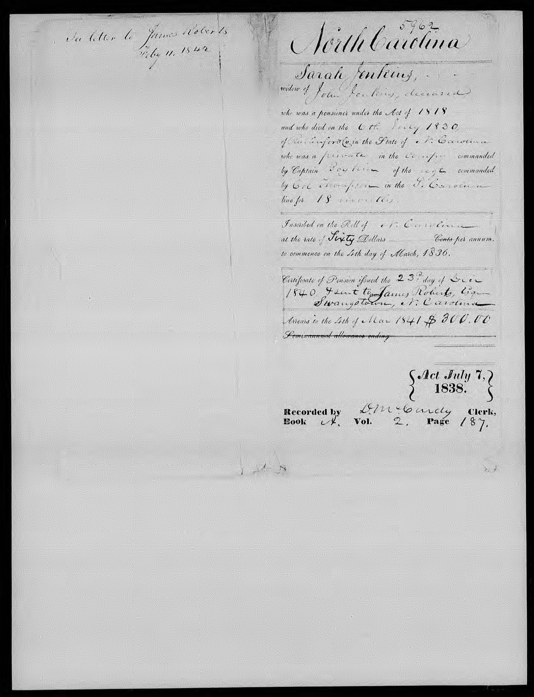 Docket for Widow's Pension from the U.S. Pension Office for Sarah Jenkins, 23 December 1840