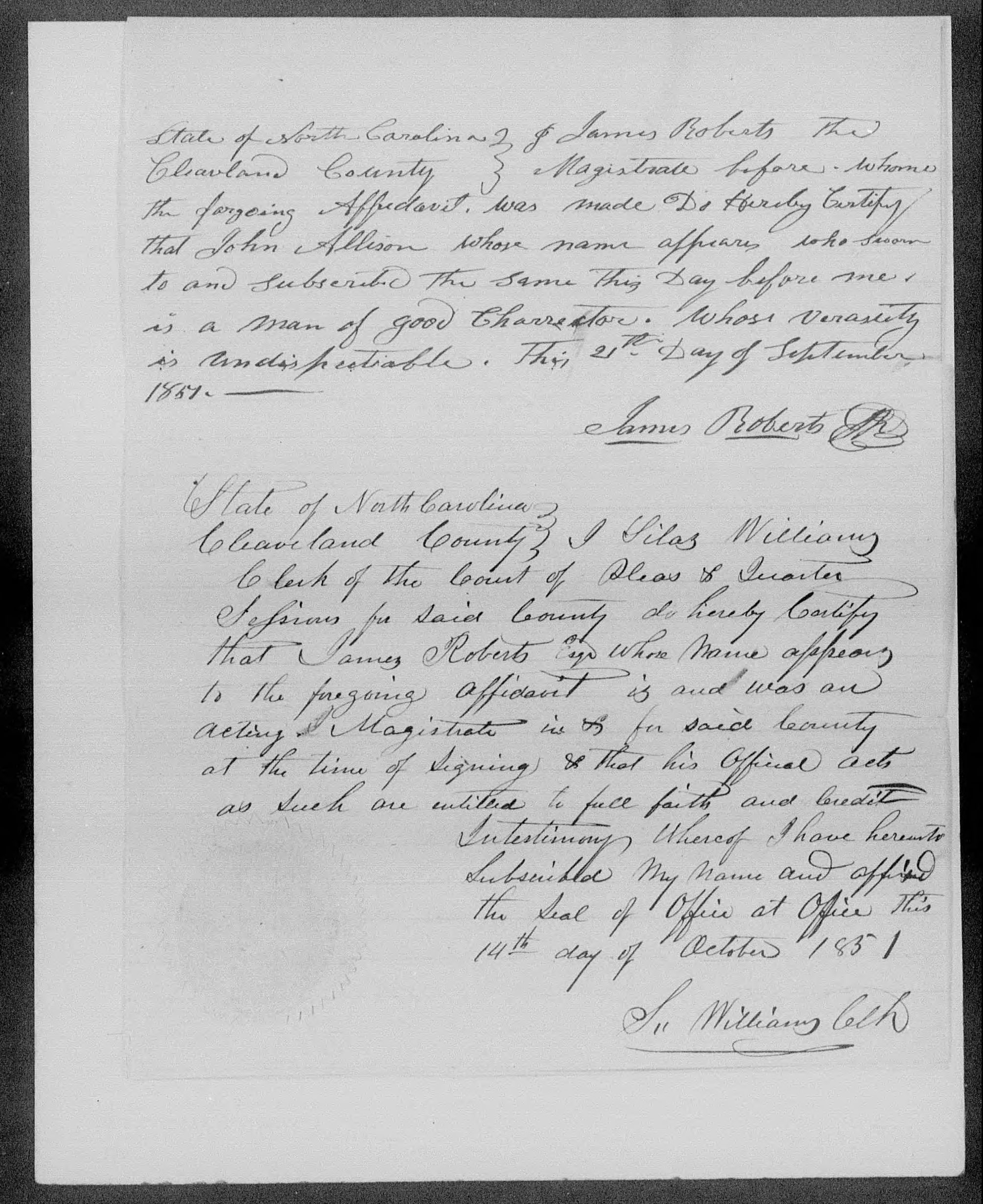 Affidavit of John Allison in support of a Pension Claim for Susana Alexander, 21 September 1851, page 3