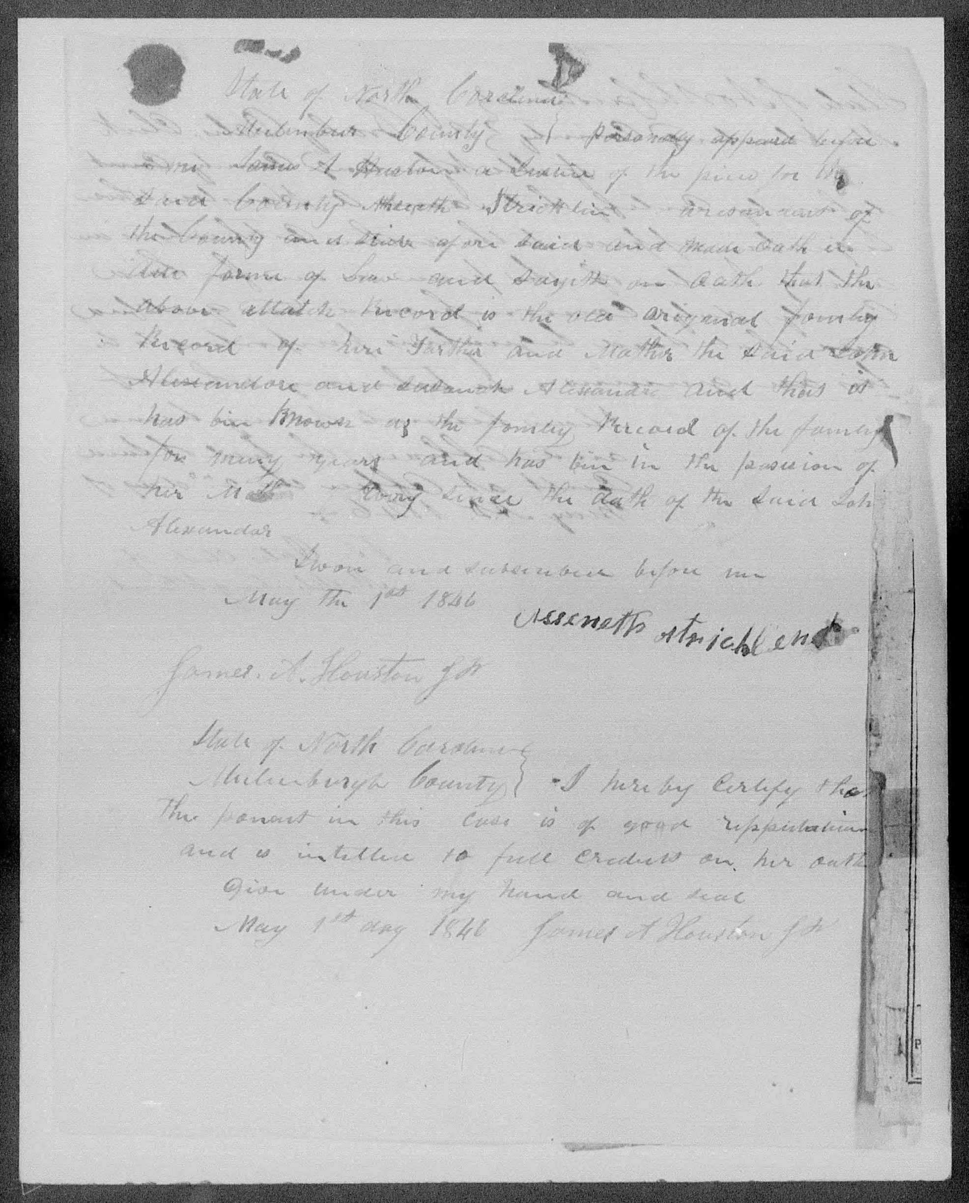 Affidavit of Asseneth Stricklen in support of a Pension Claim for Susana Alexander, 1 May 1846, page 1