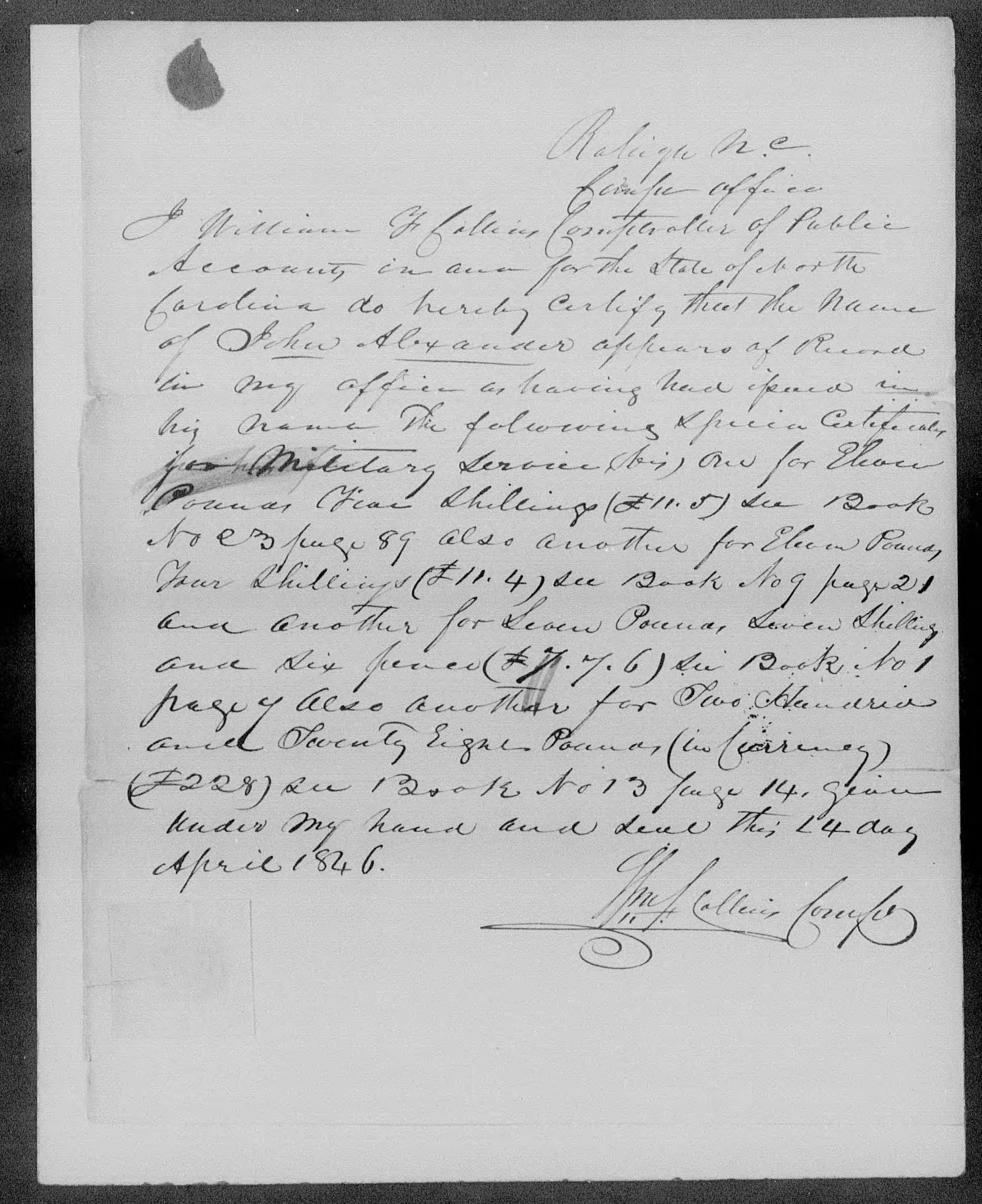 Proof of Service for John Alexander, 14 April 1846