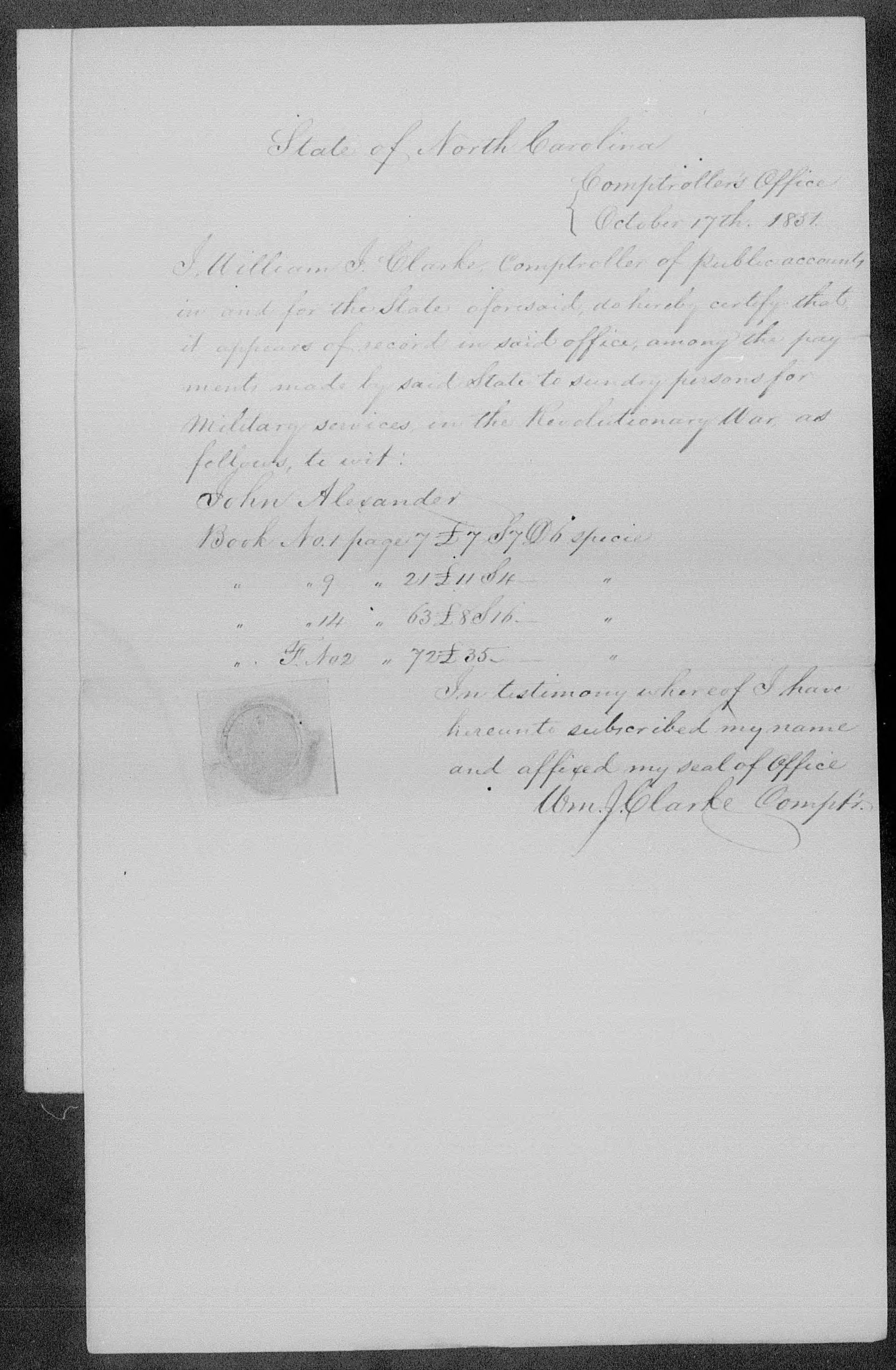 Proof of Service for John Alexander, 17 October 1851
