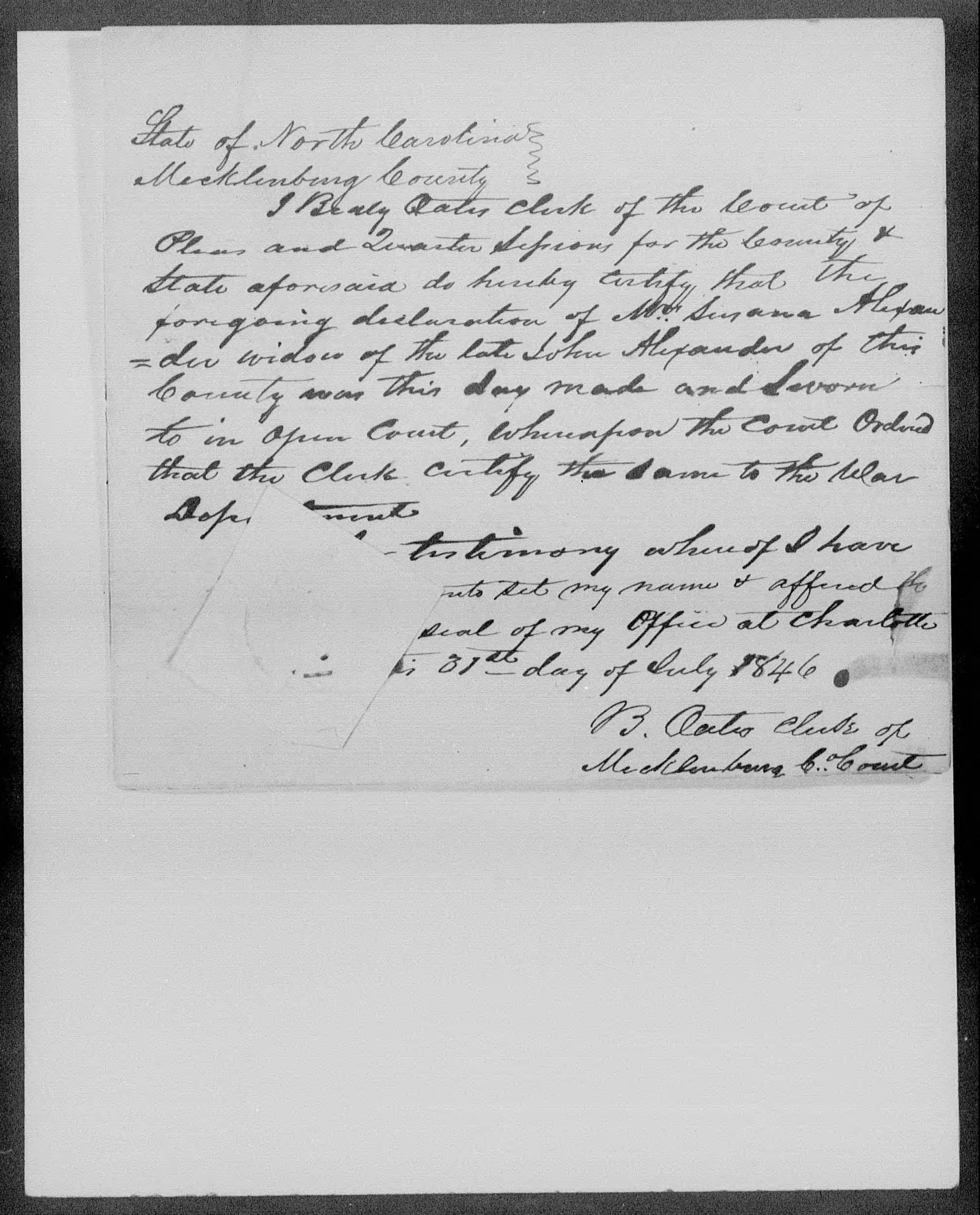 Application for a Widow's Pension from Susana Alexander, 31 July 1846, page 1