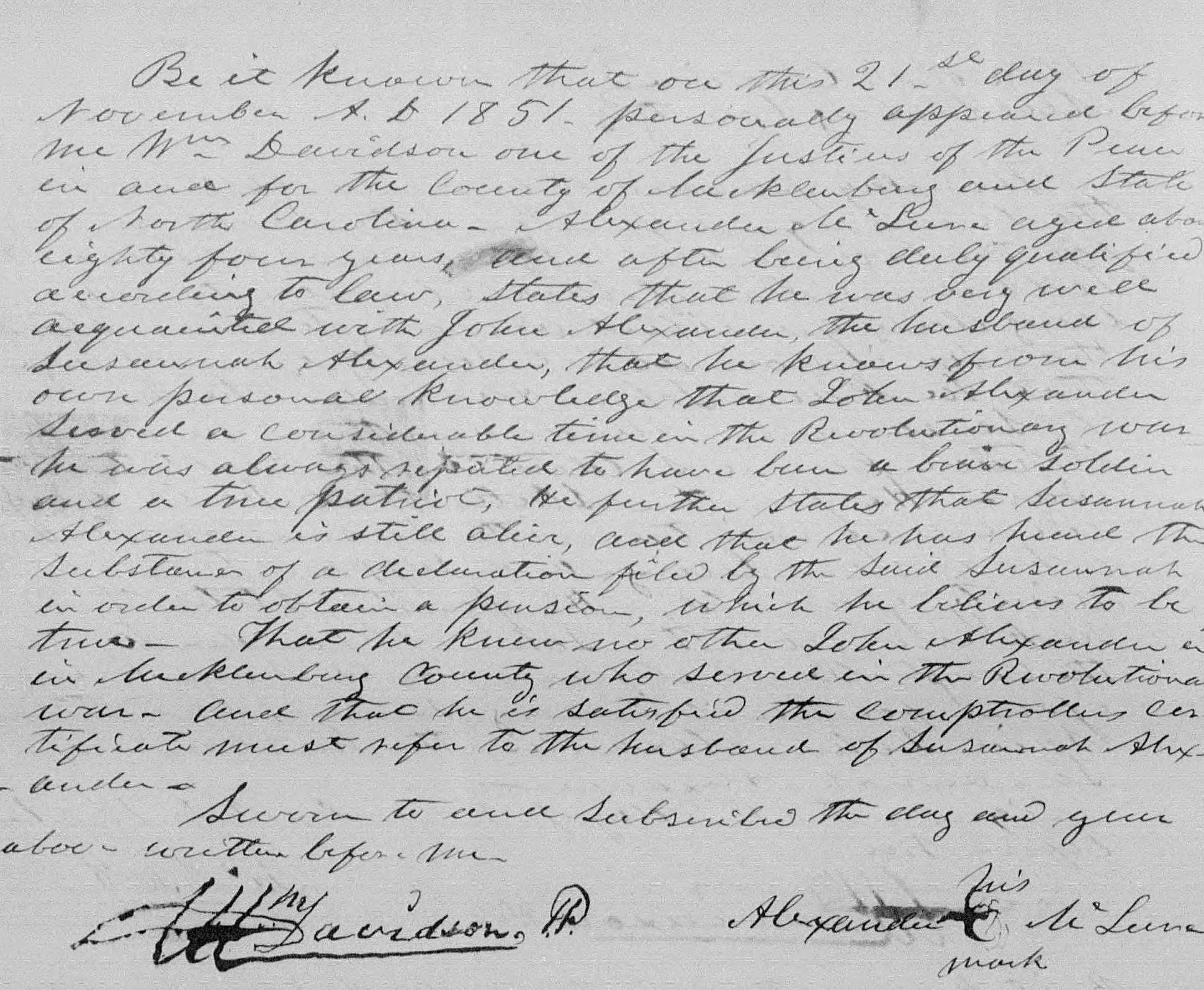 Affidavit of Alexander McLane in support of a Pension Claim for Susana Alexander, 21 November 1851