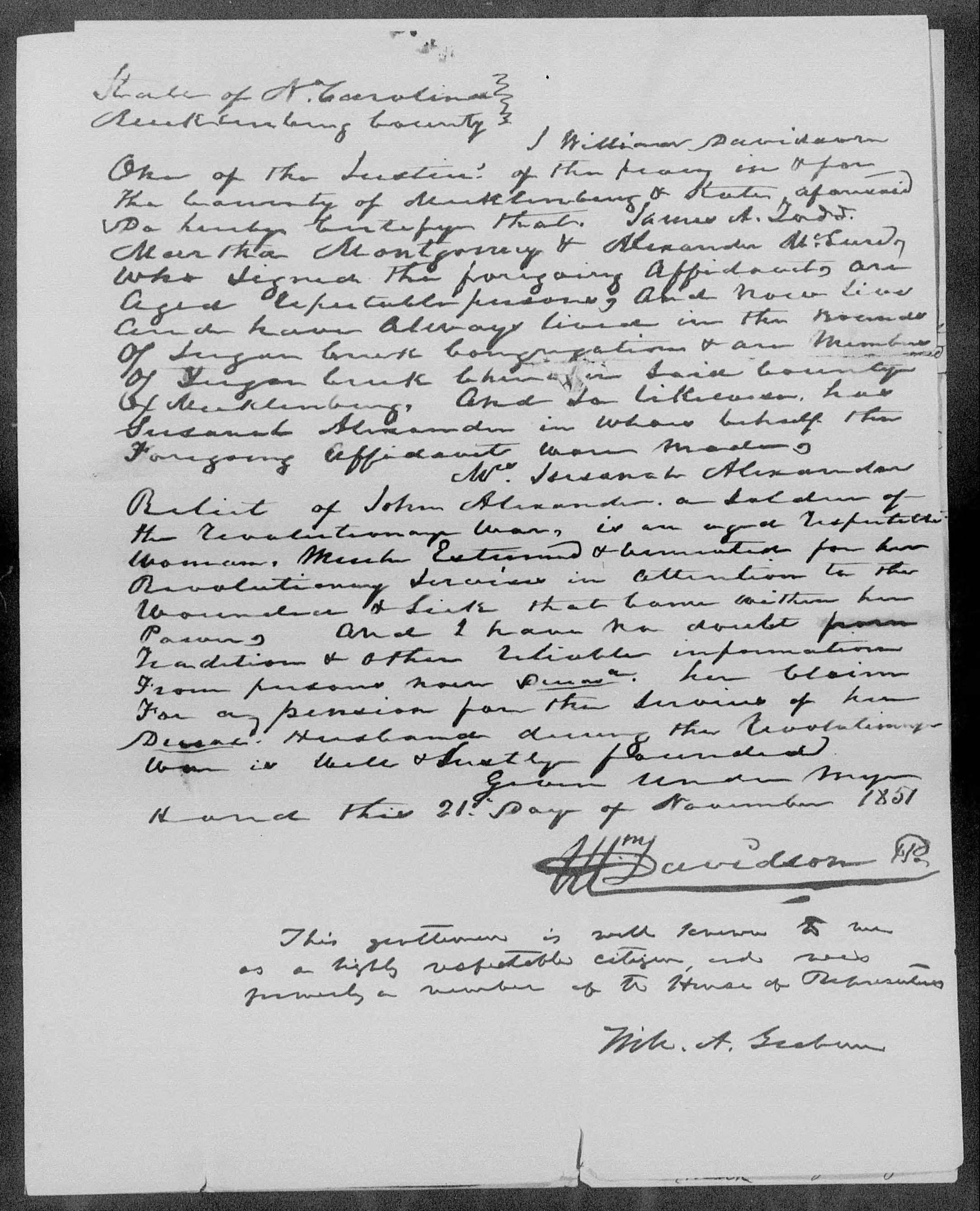 Affidavit of James A. Todd in support of a Pension Claim for Susana Alexander, 19 November 1851, page 3