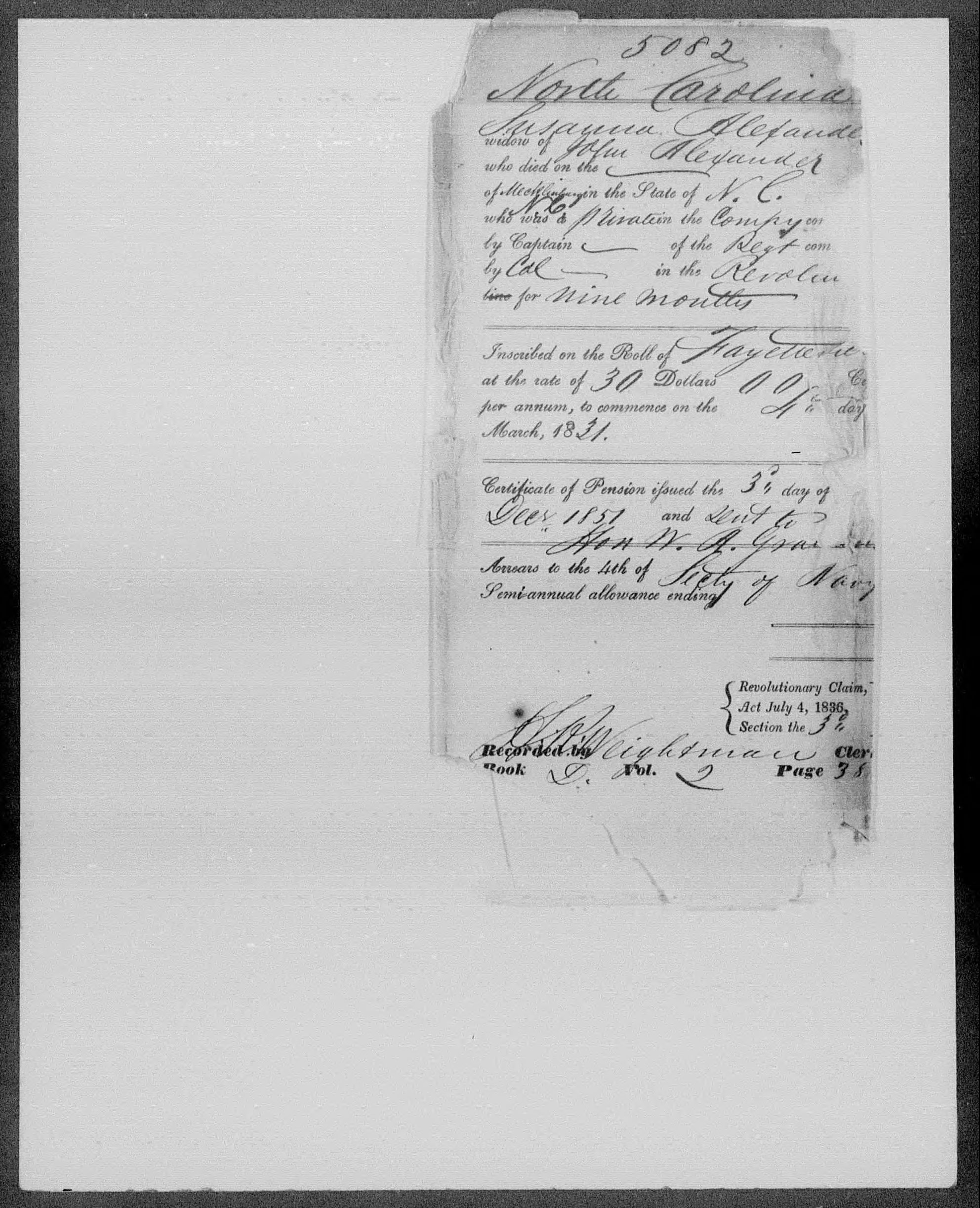 Docket for Pension from the U.S. Pension Office for Susana Alexander, 1 December 1851, page 1