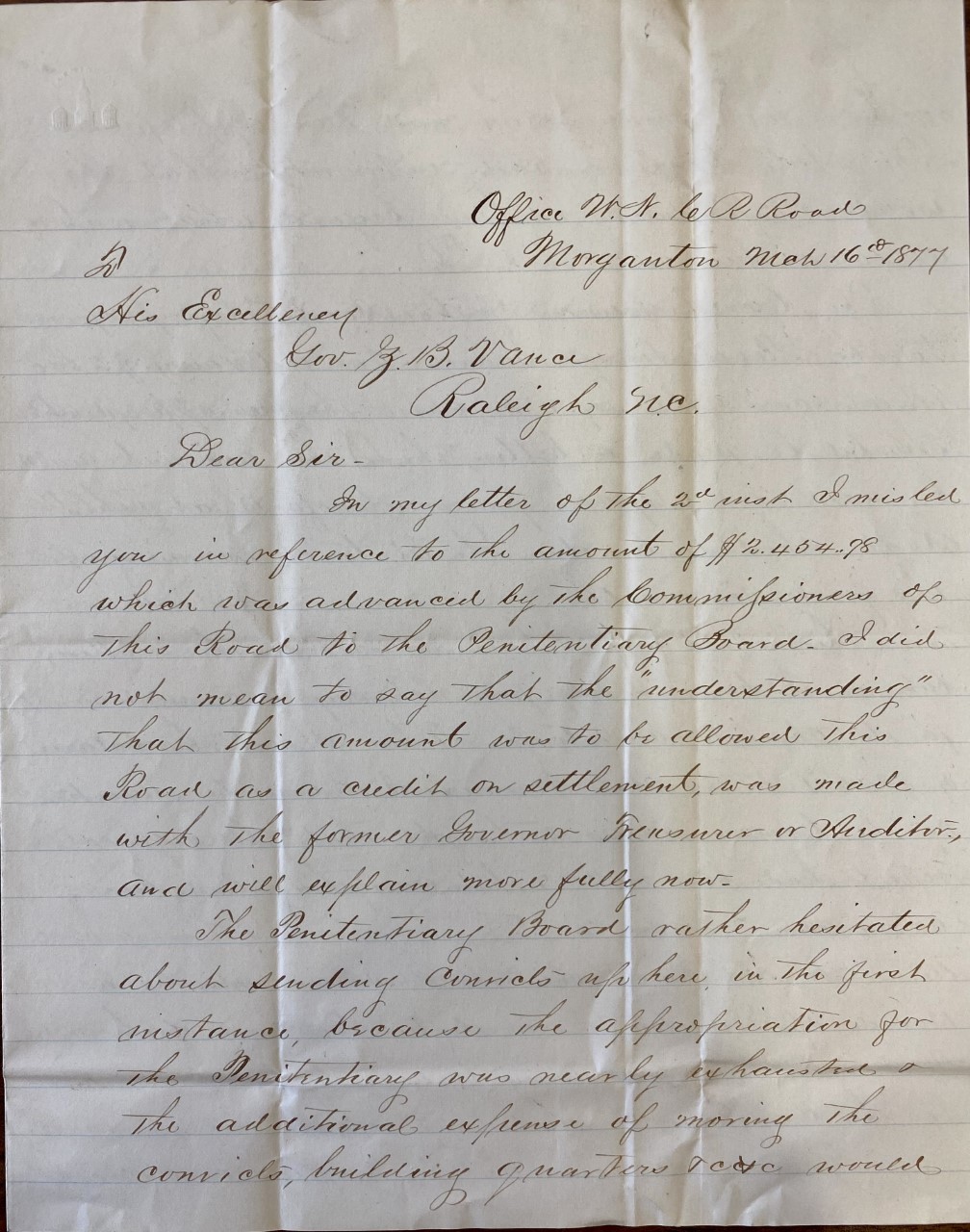 Page one of letter from Geo. P. Erwin to ZBV, March 16, 1877