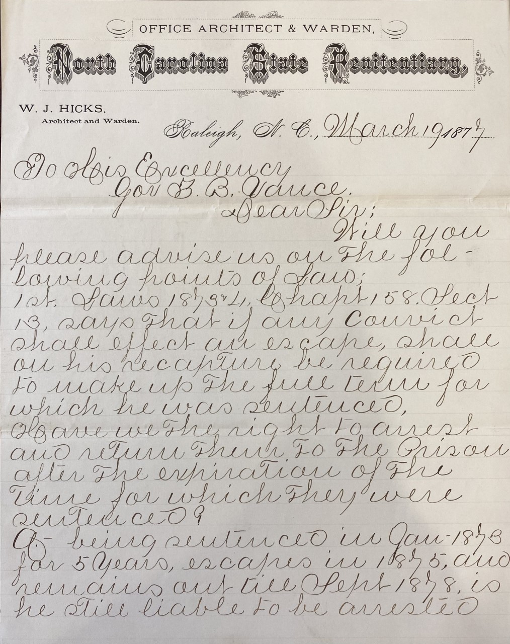 Page one of Letter from W. J. Hicks to ZBV, March 19, 1877