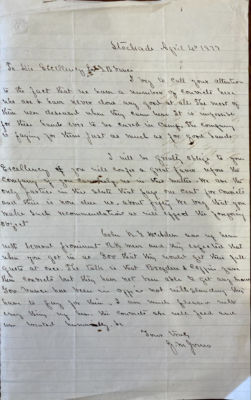 Letter from J. M. Jones to Zebulon B. Vance, 4 April 1877