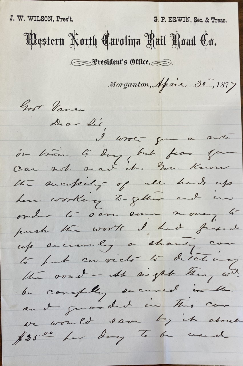 Page 1 of Letter from J. W. Wilson to Z. B. Vance, April 30, 1877