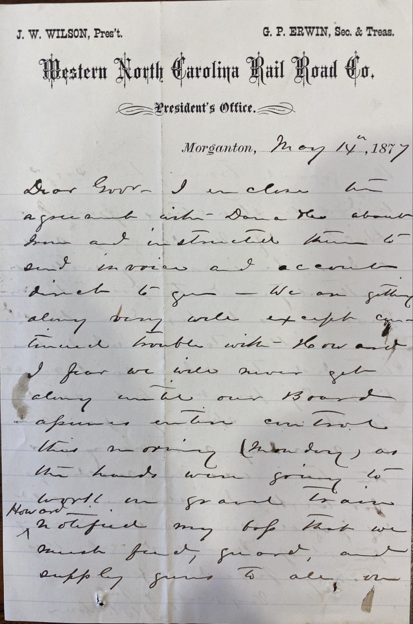 Page 1 of Letter from William J. Hicks to Zebulon B. Vance, May 14, 1877