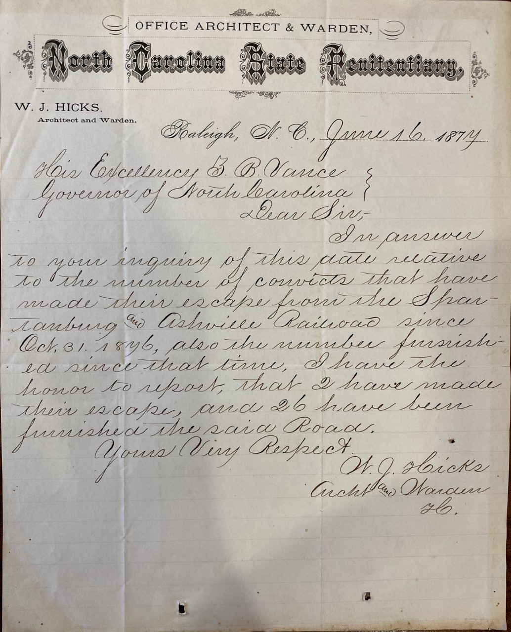 Letter from William J. Hicks to Zebulon B. Vance, June 6, 1877
