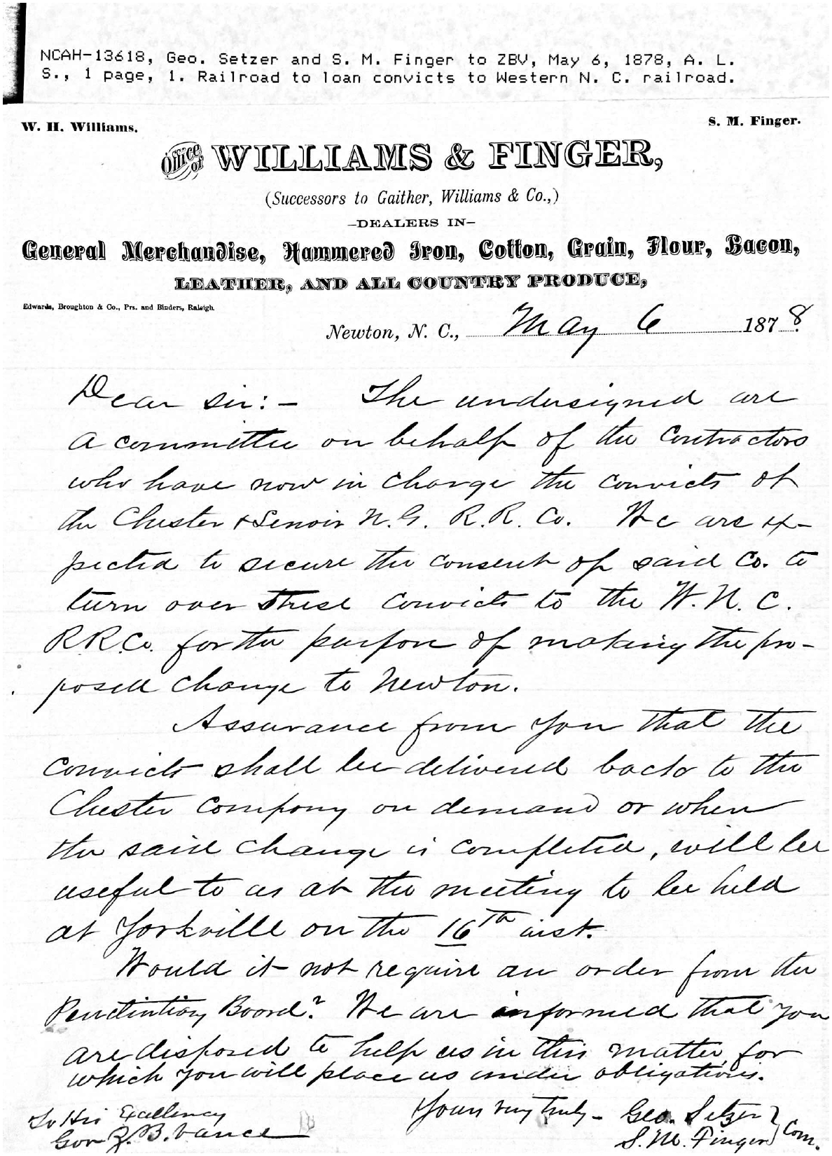 Letter from George Setzer and S. M. Finder to Zebulon B. Vance, 6 May 1878