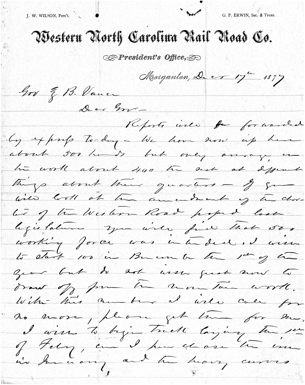 Letter from James W. Wilson to Zebulon B. Vance, 17 December 1877