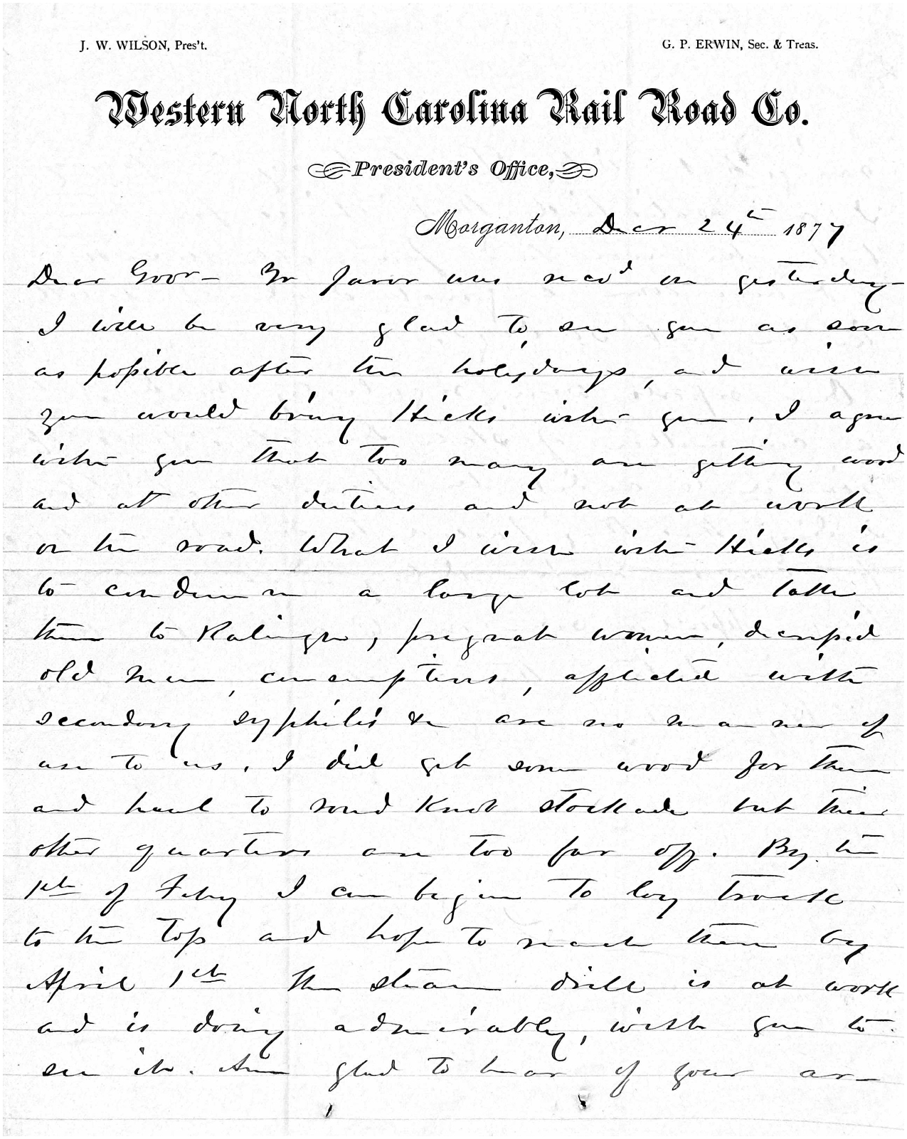Letter from James W. Wilson to Zebulon B. Vance, 24 December 1877
