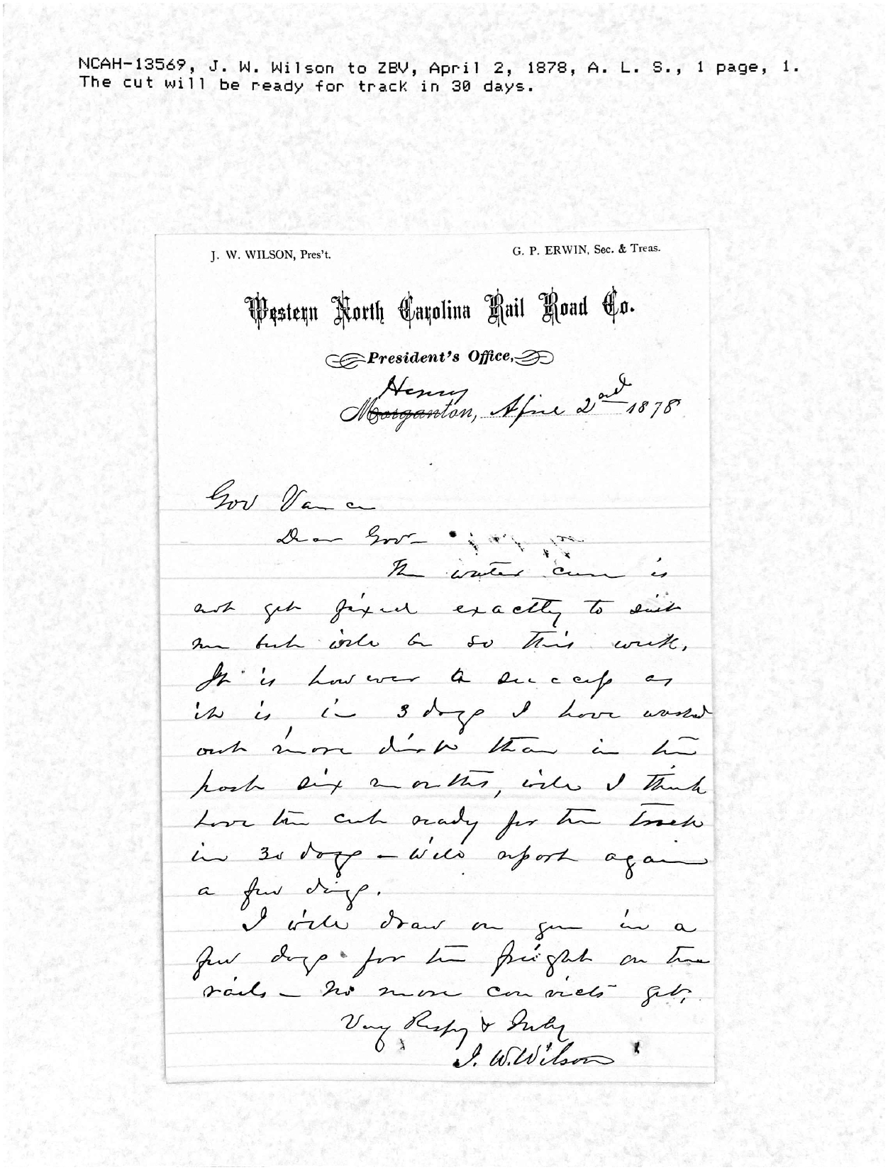Letter from James W. Wilson to Zebulon B. Vance, 2 April 1878