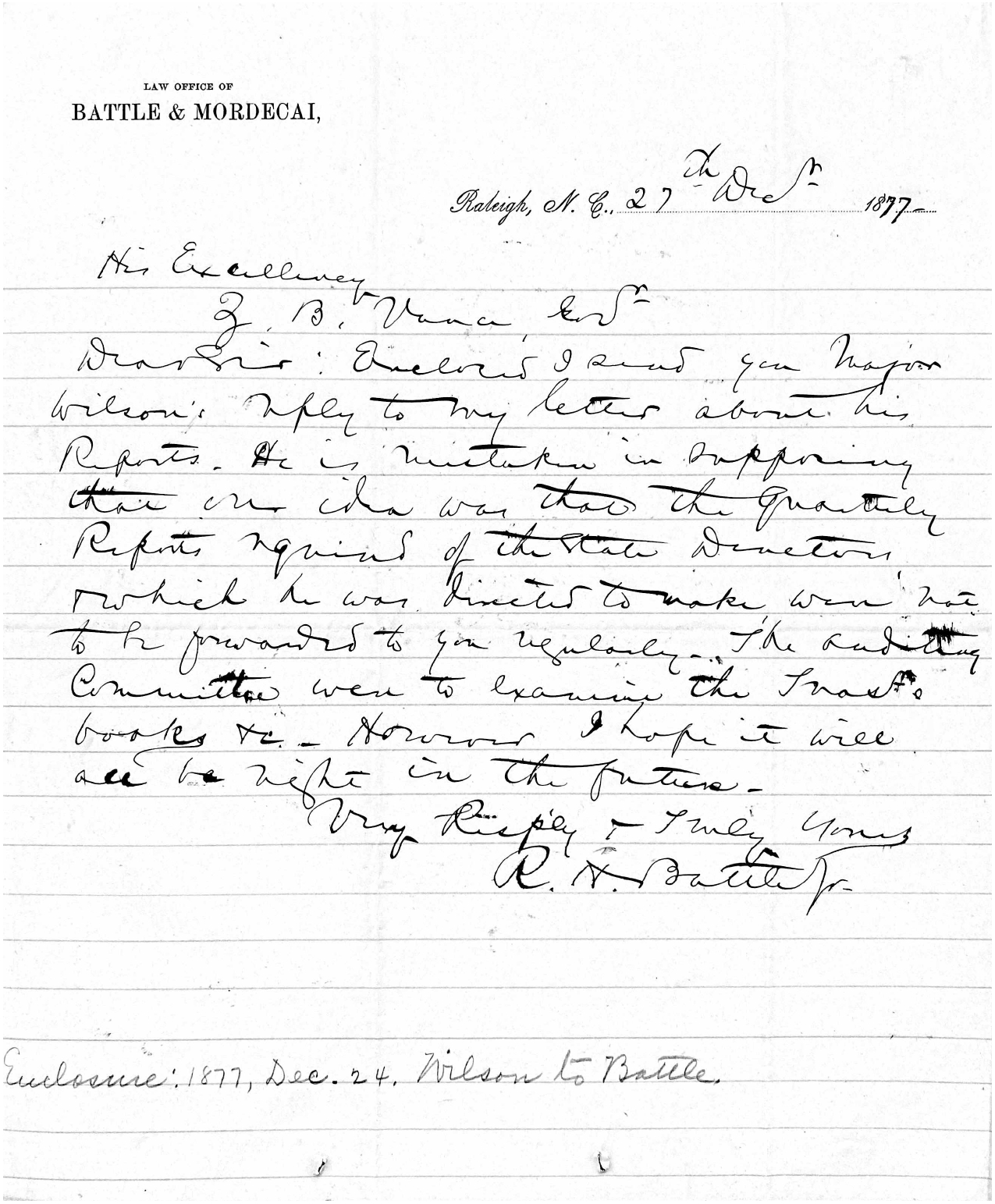 Letter from R. H. Battle to Zebulon B. Vance, 27 December 1877