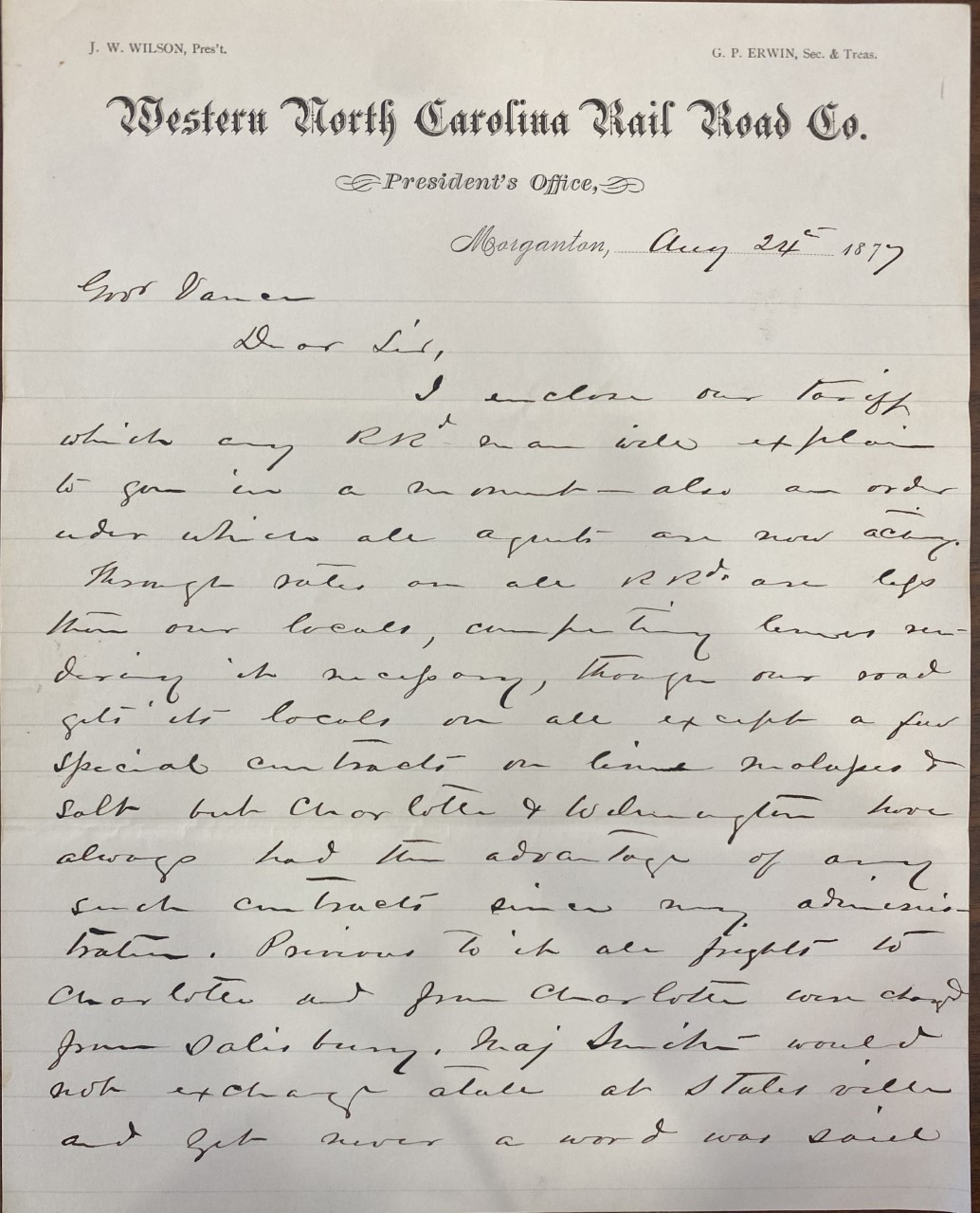 Letter from Jas. W. Wilson to Zebulon Vance, August 24, 1877