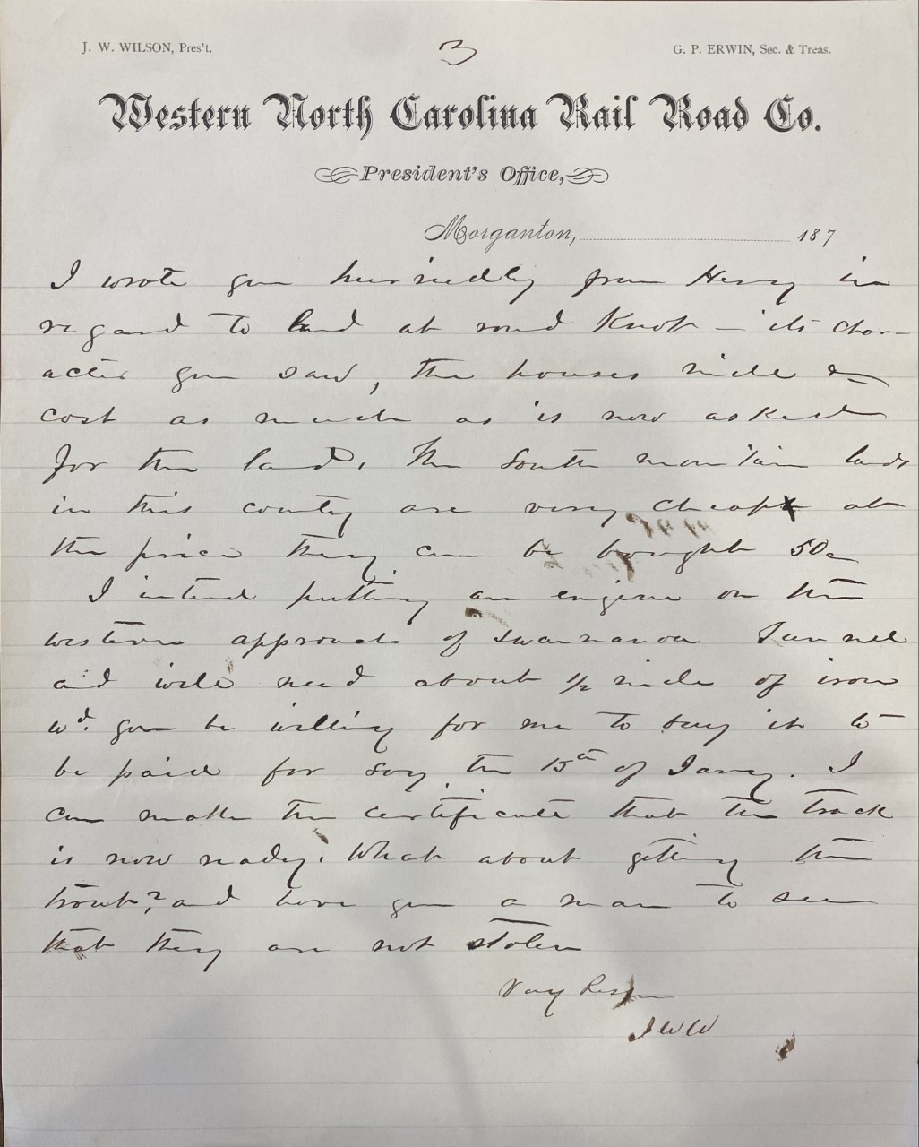 Letter from Jas. W. Wilson to Zebulon Vance, August 24, 1877