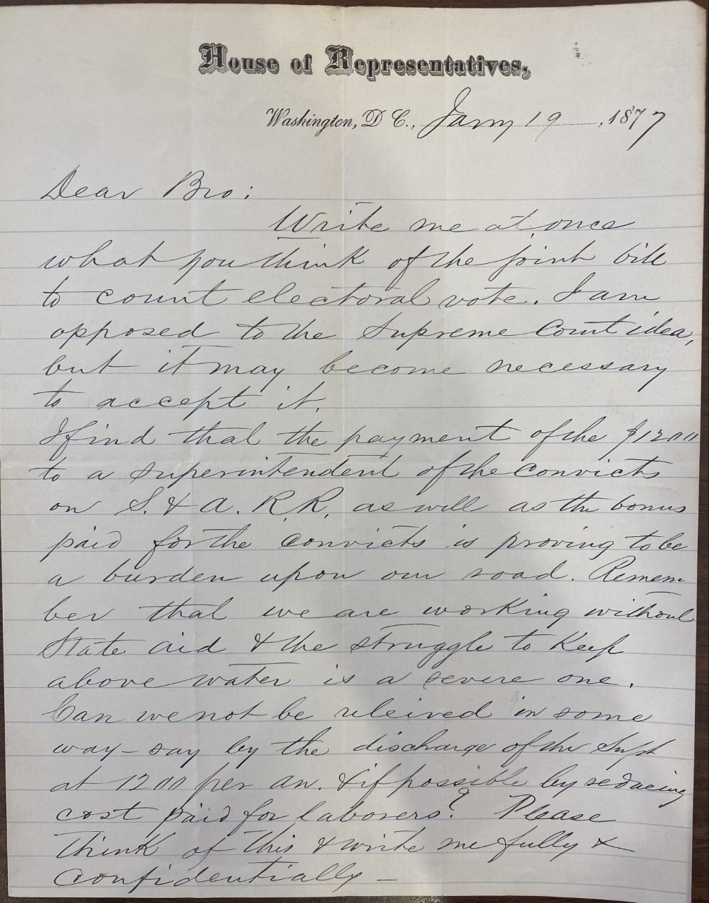 Robert B. Vance to ZBV, January 19, 1877