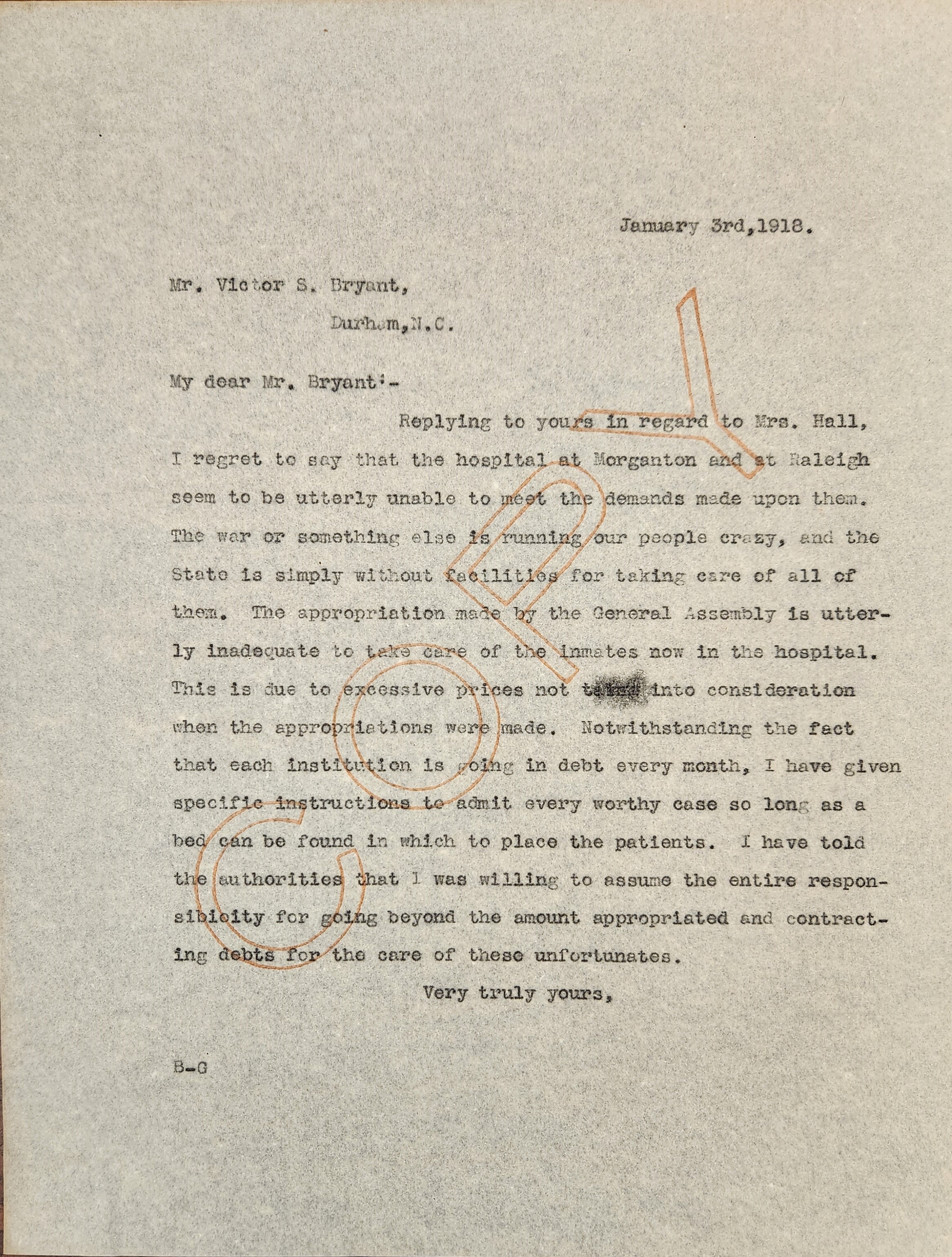 Letter from Bickett to Bryant, January 3, 1918
