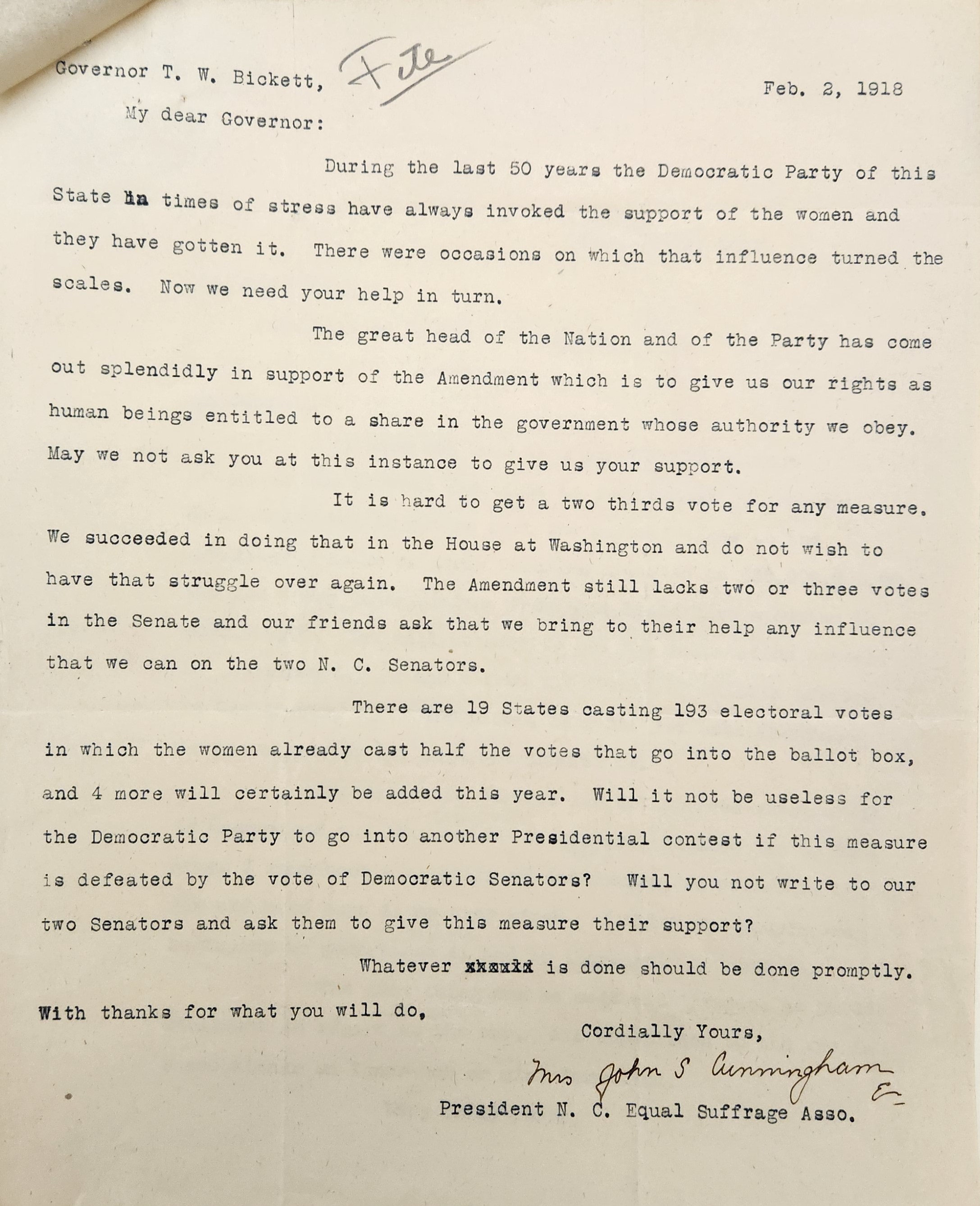 Letter from Cuningham to Bickett, February 2, 1918
