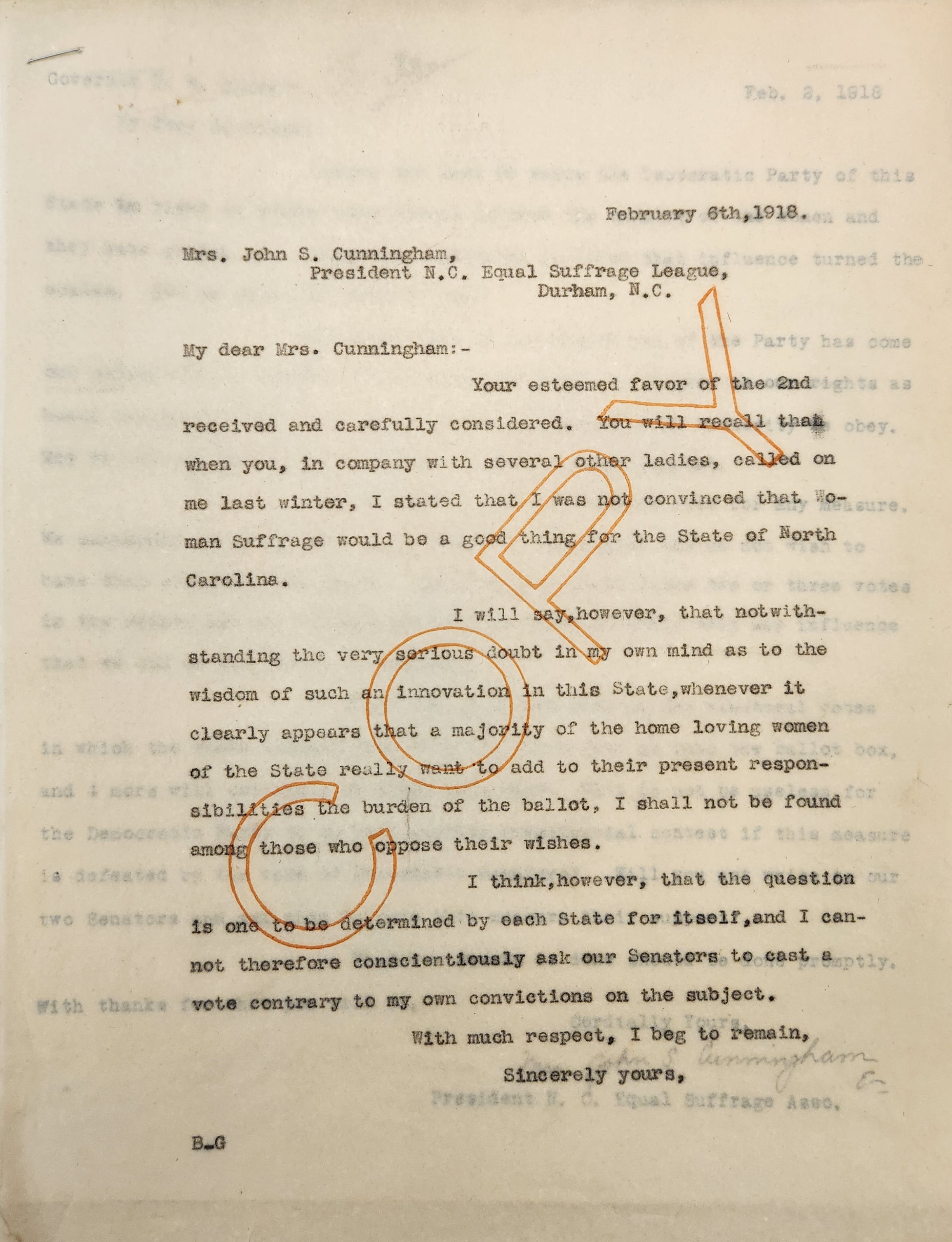 Letter from Bickett to Cuningham, February 6, 1918