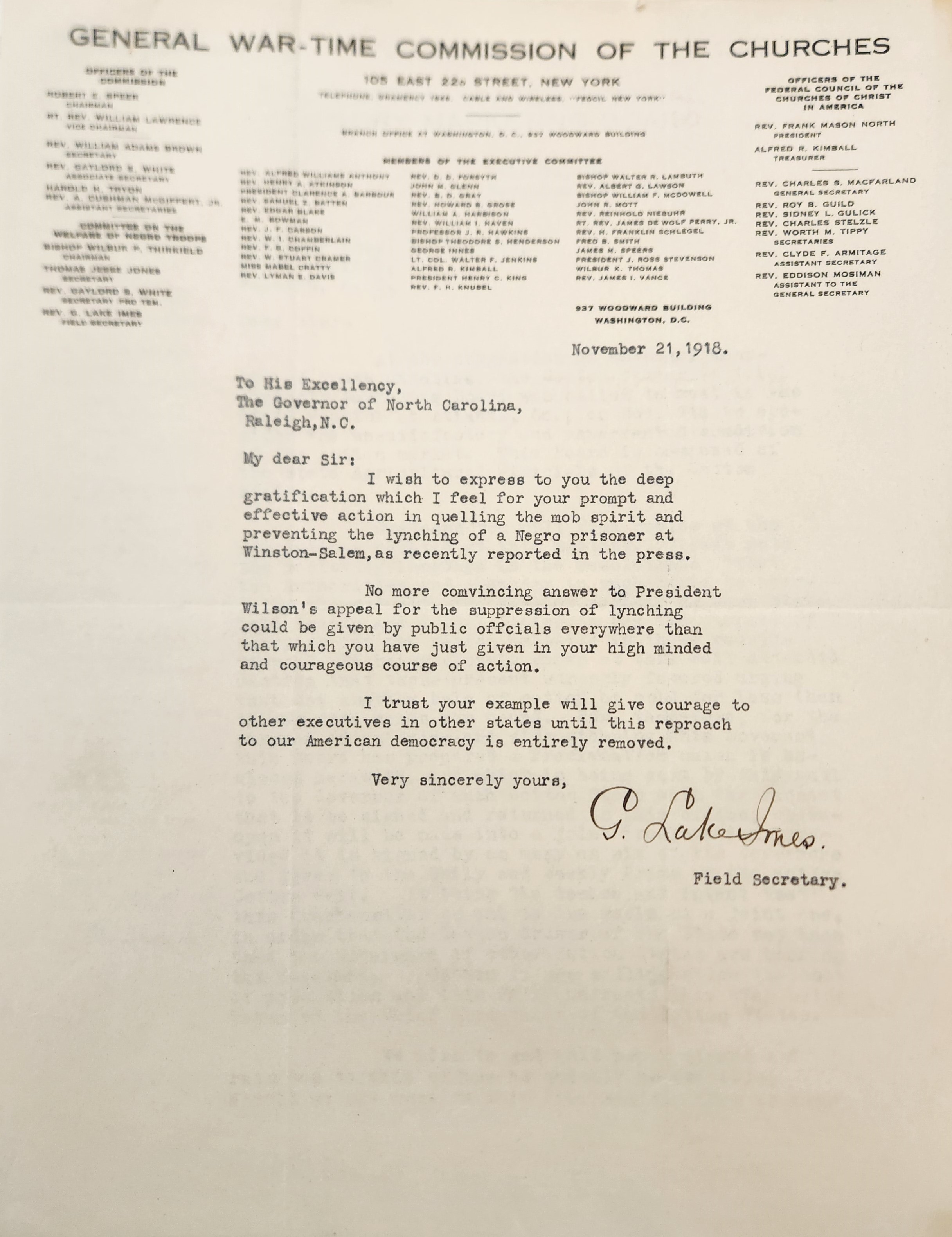 Letter from Imes to Bickett, November 21, 1918