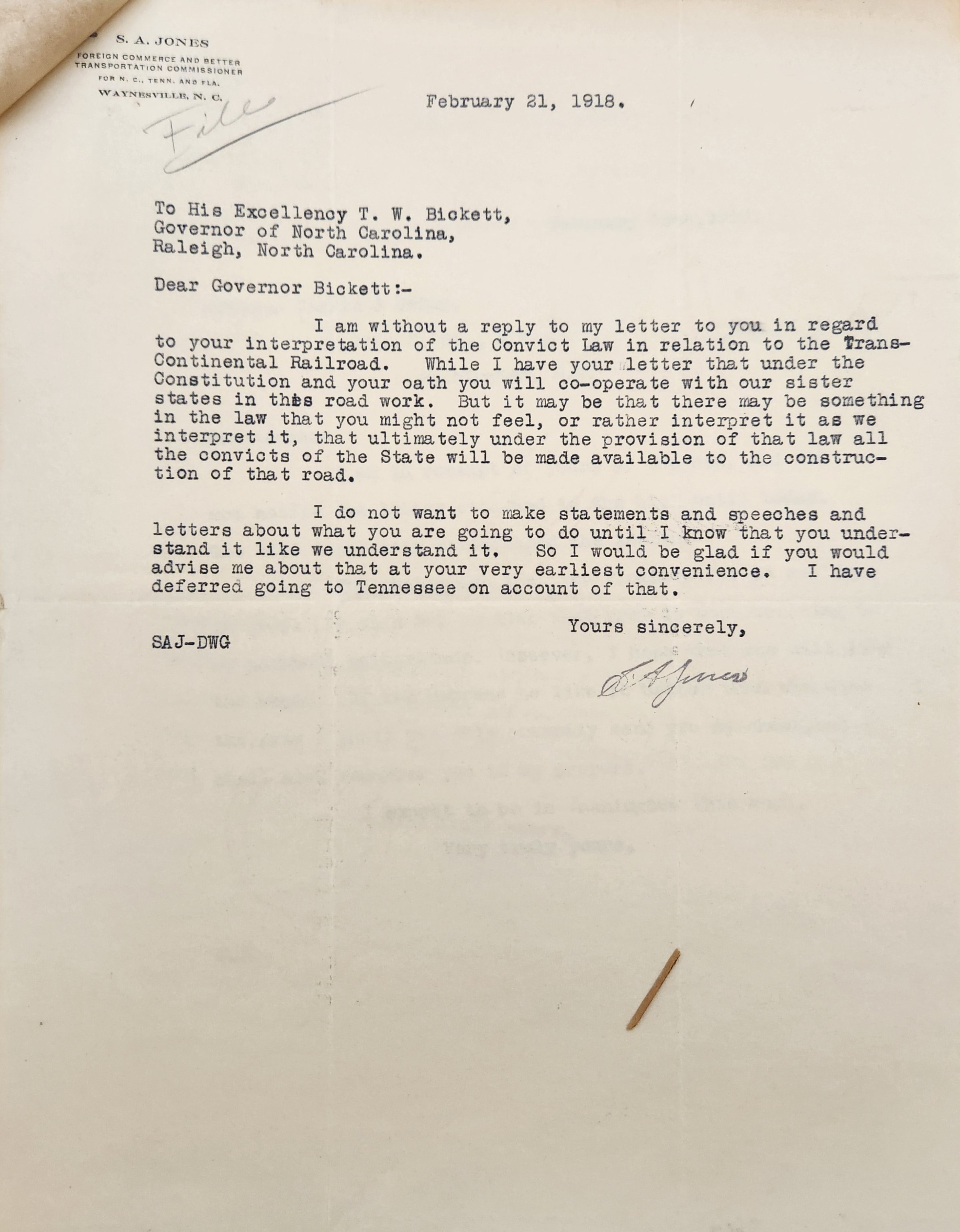 Letter from Jones to Bickett, February 21, 1918