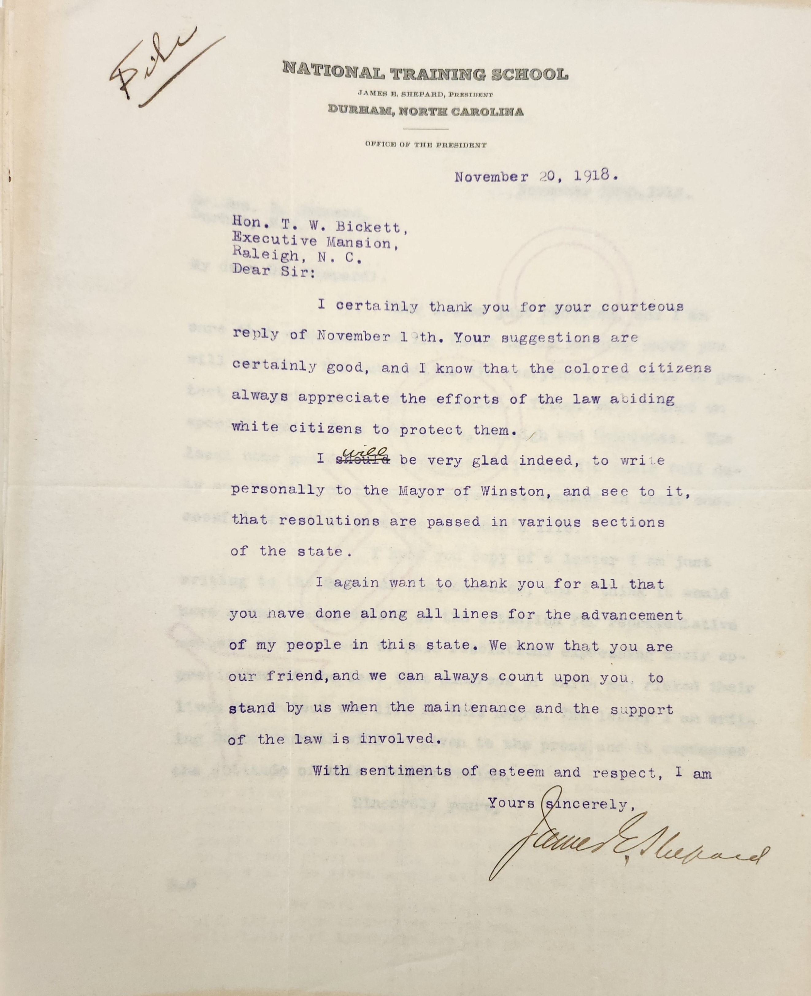 Letter from Shepard to Bickett, November 20, 1918