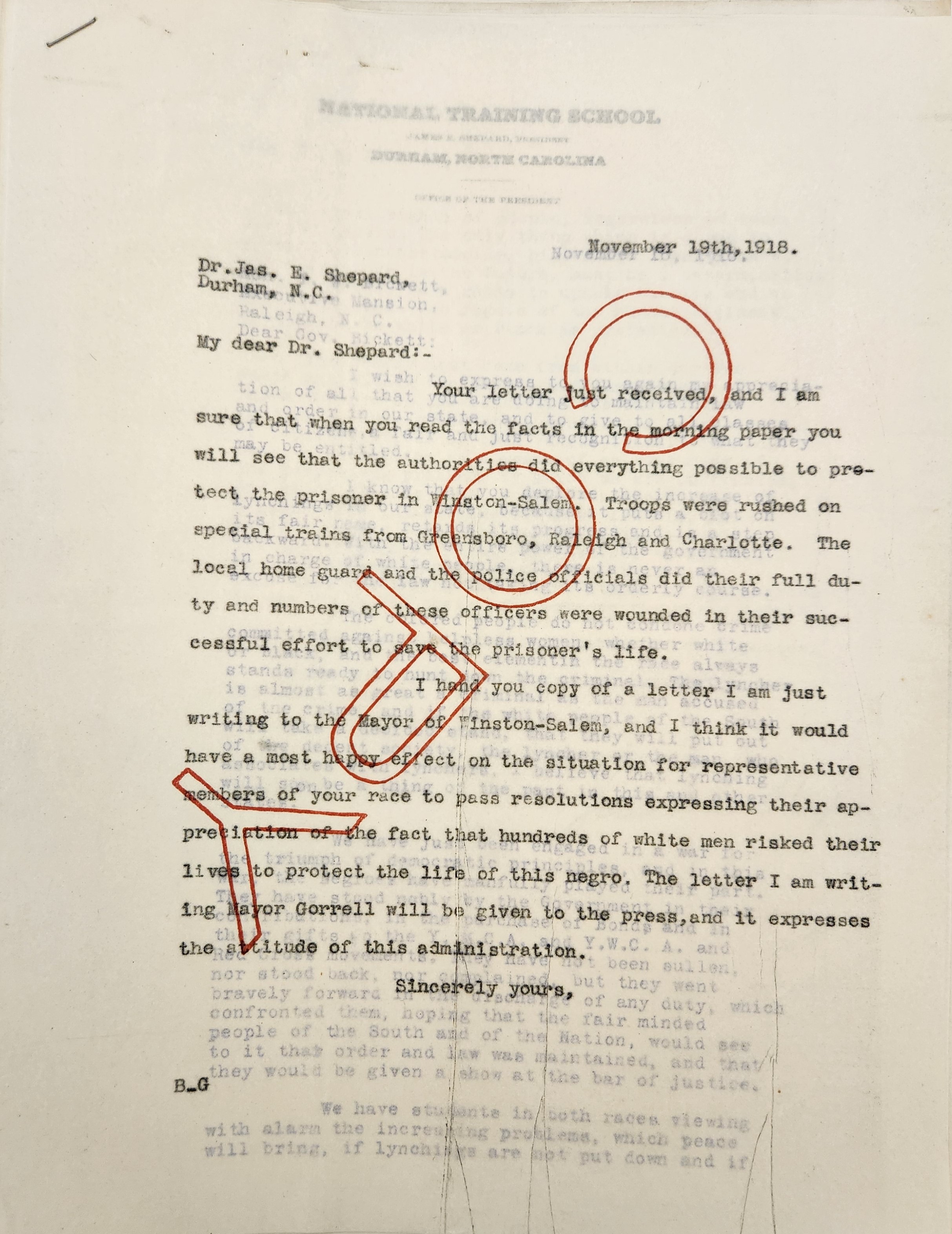 Letter from Bickett to Shepard, November 19, 1918