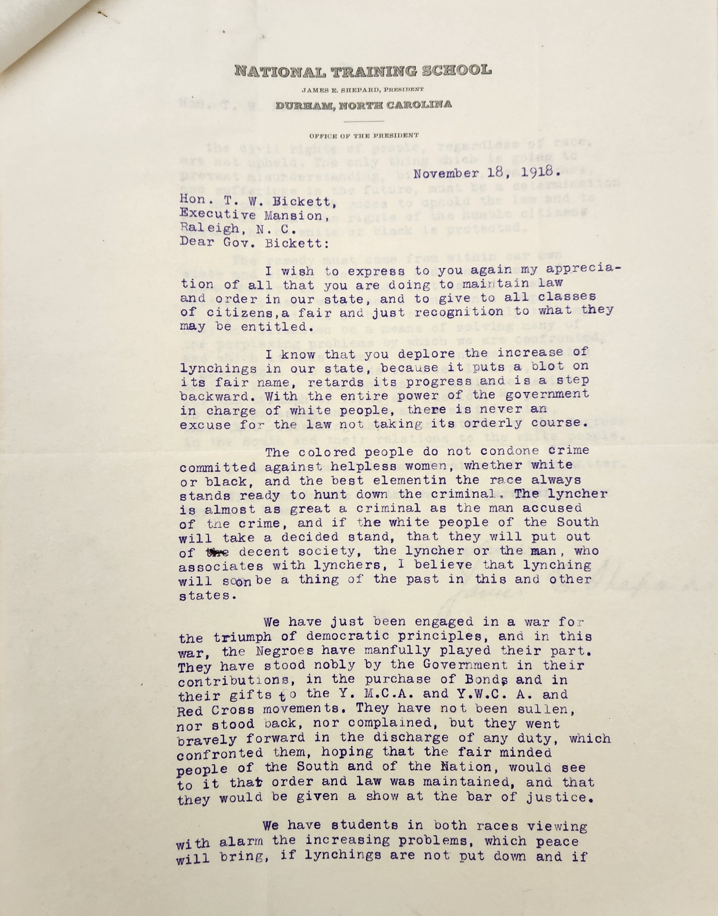 Letter from Shepard to Bickett, November 18, 1918, page 1