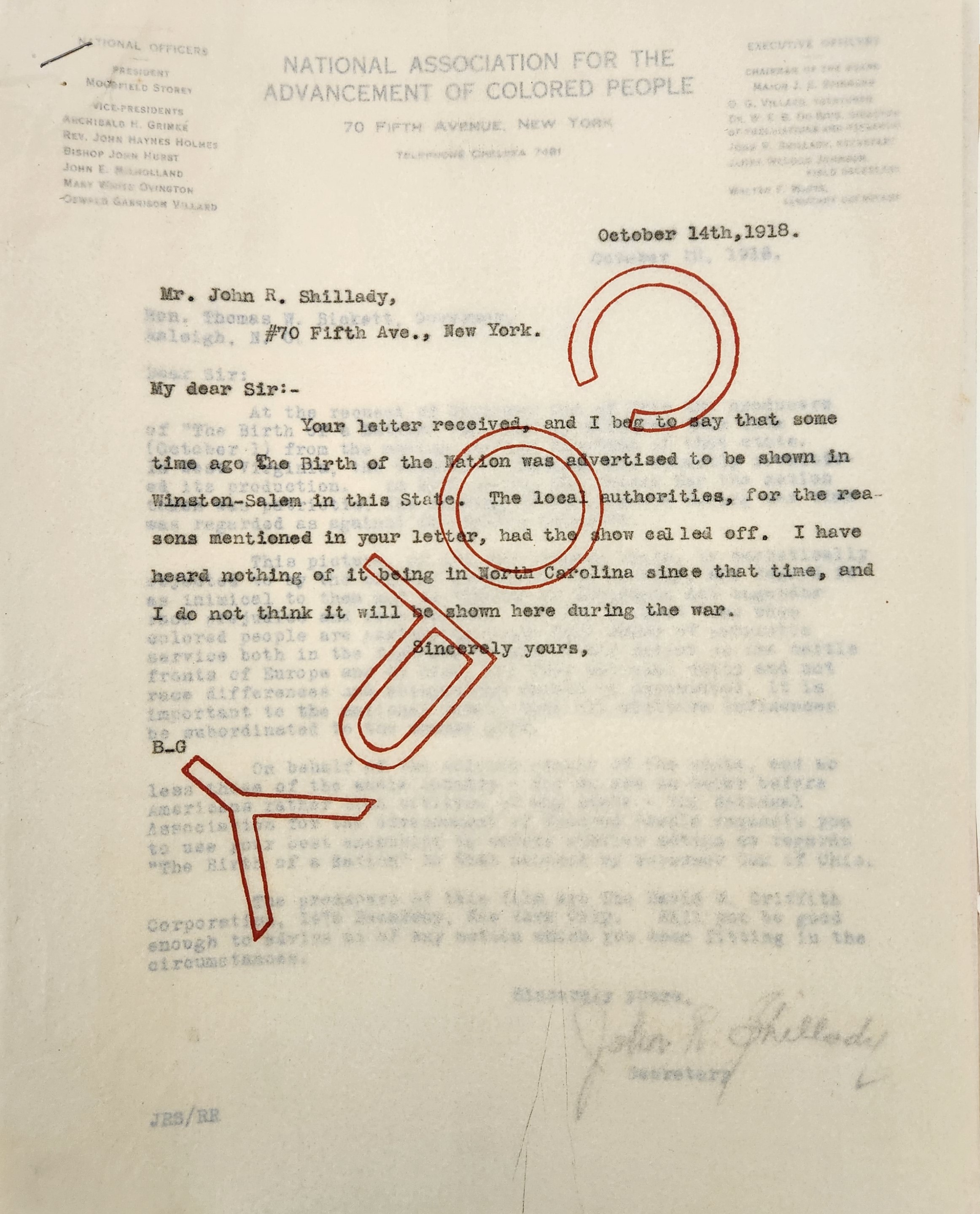 Letter from Bickett to Shillady, October 14, 1918