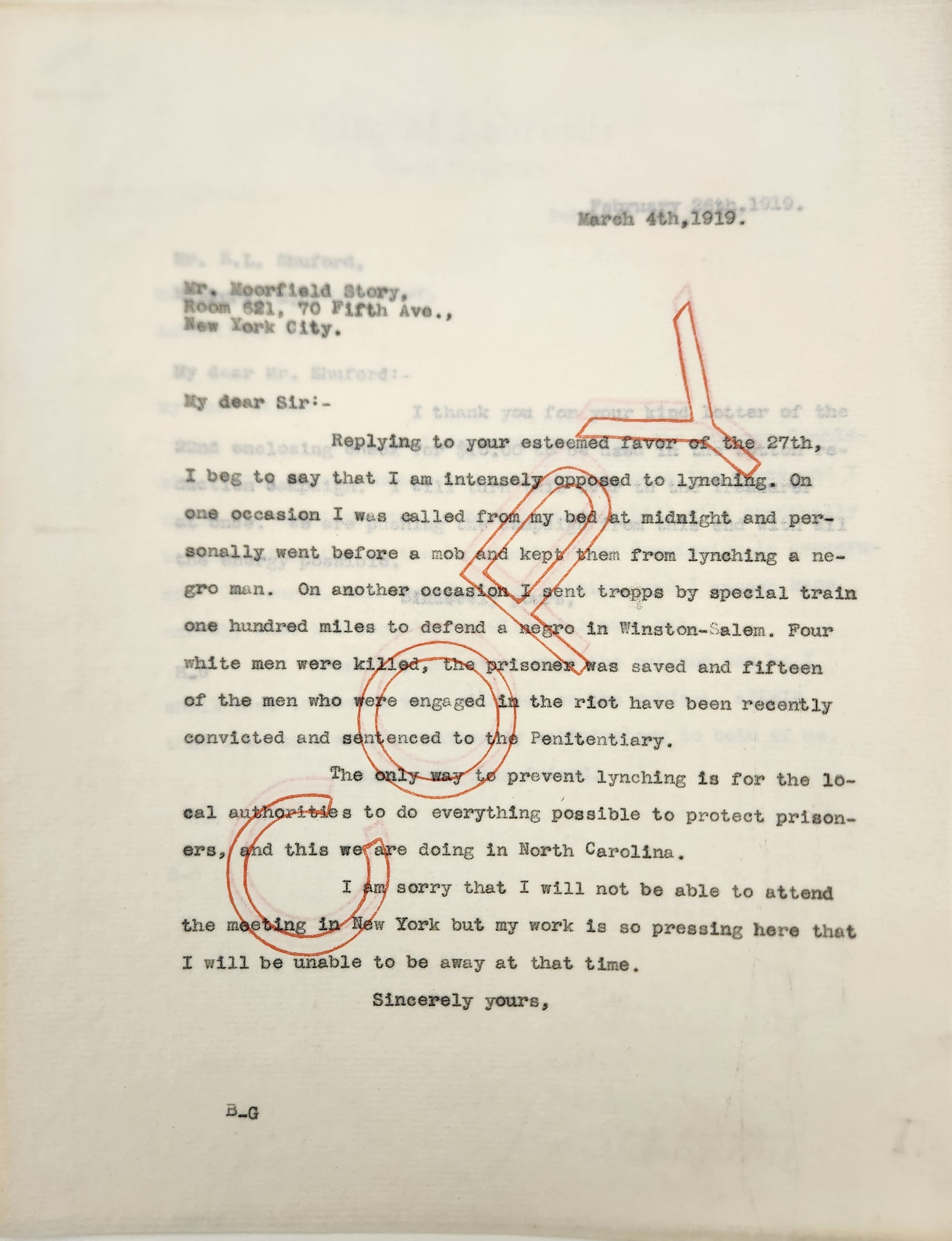 Letter from Bickett to Storey, March 4, 1919