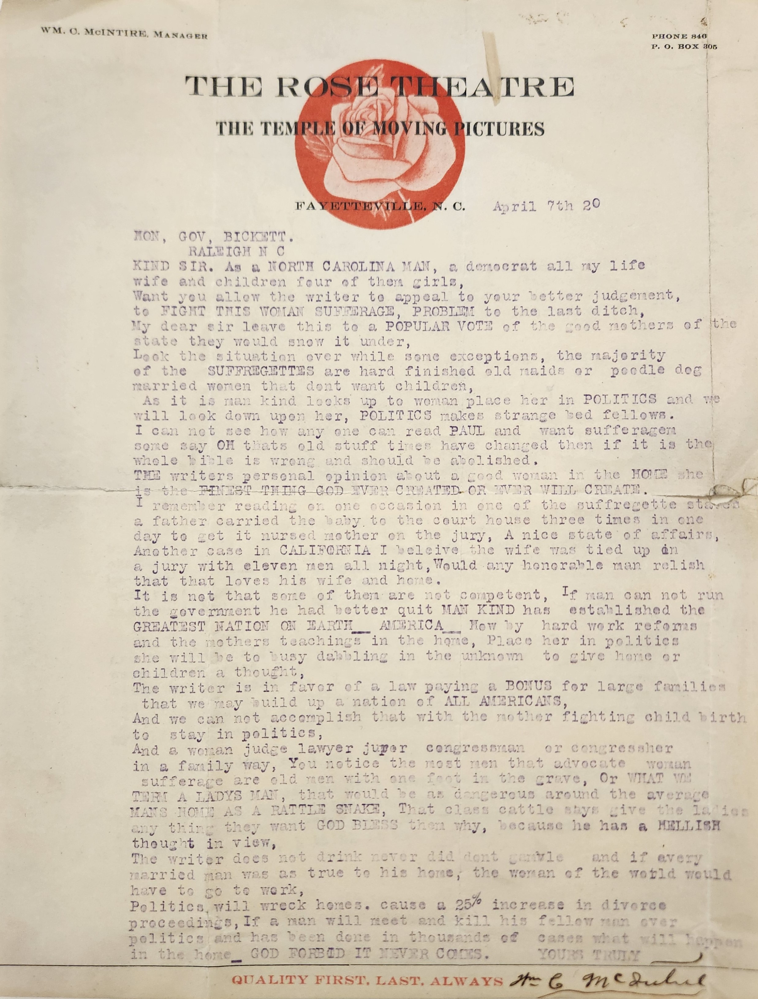 Letter from McIntire to Bickett, April 7, 1920