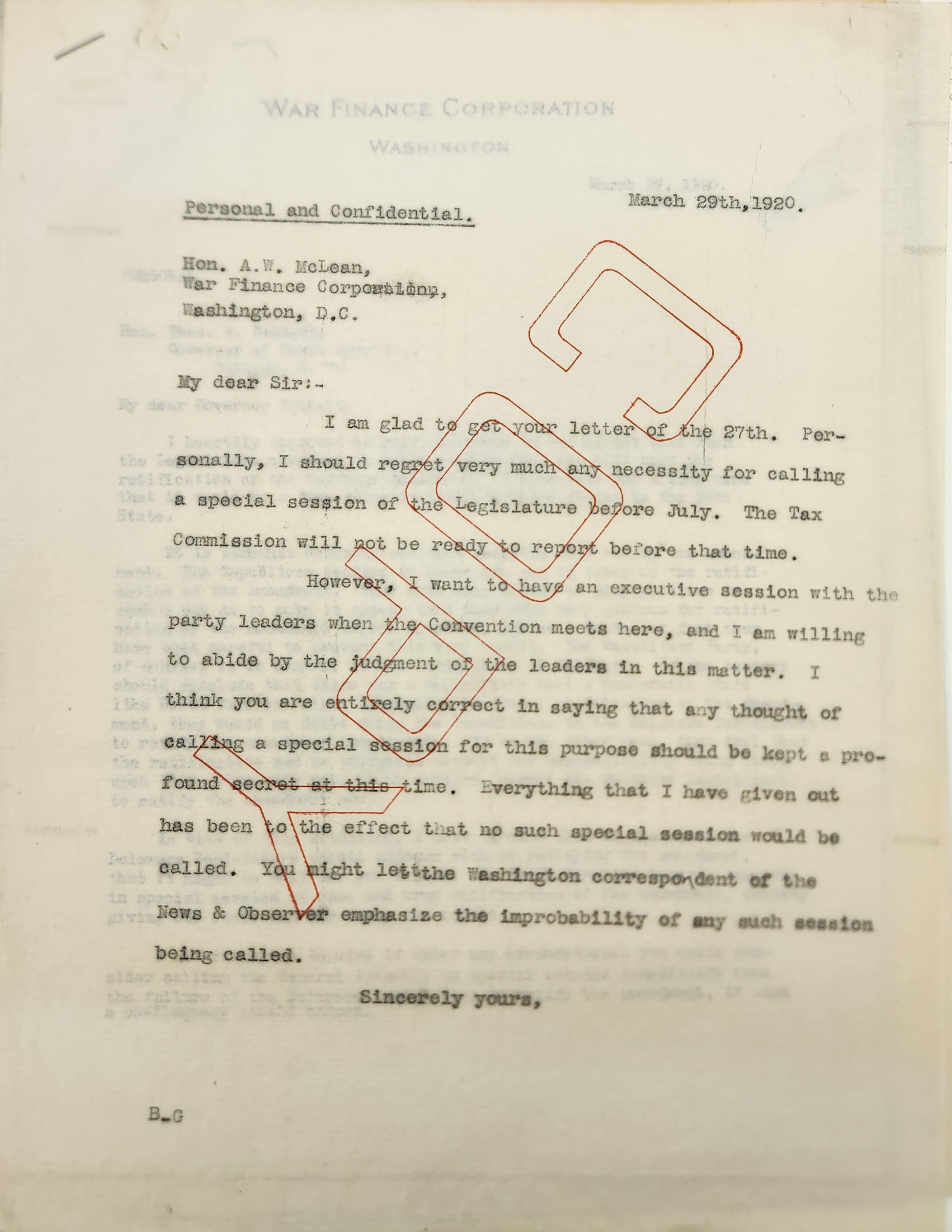 Letter from Bickett to McLean, March 29, 1920