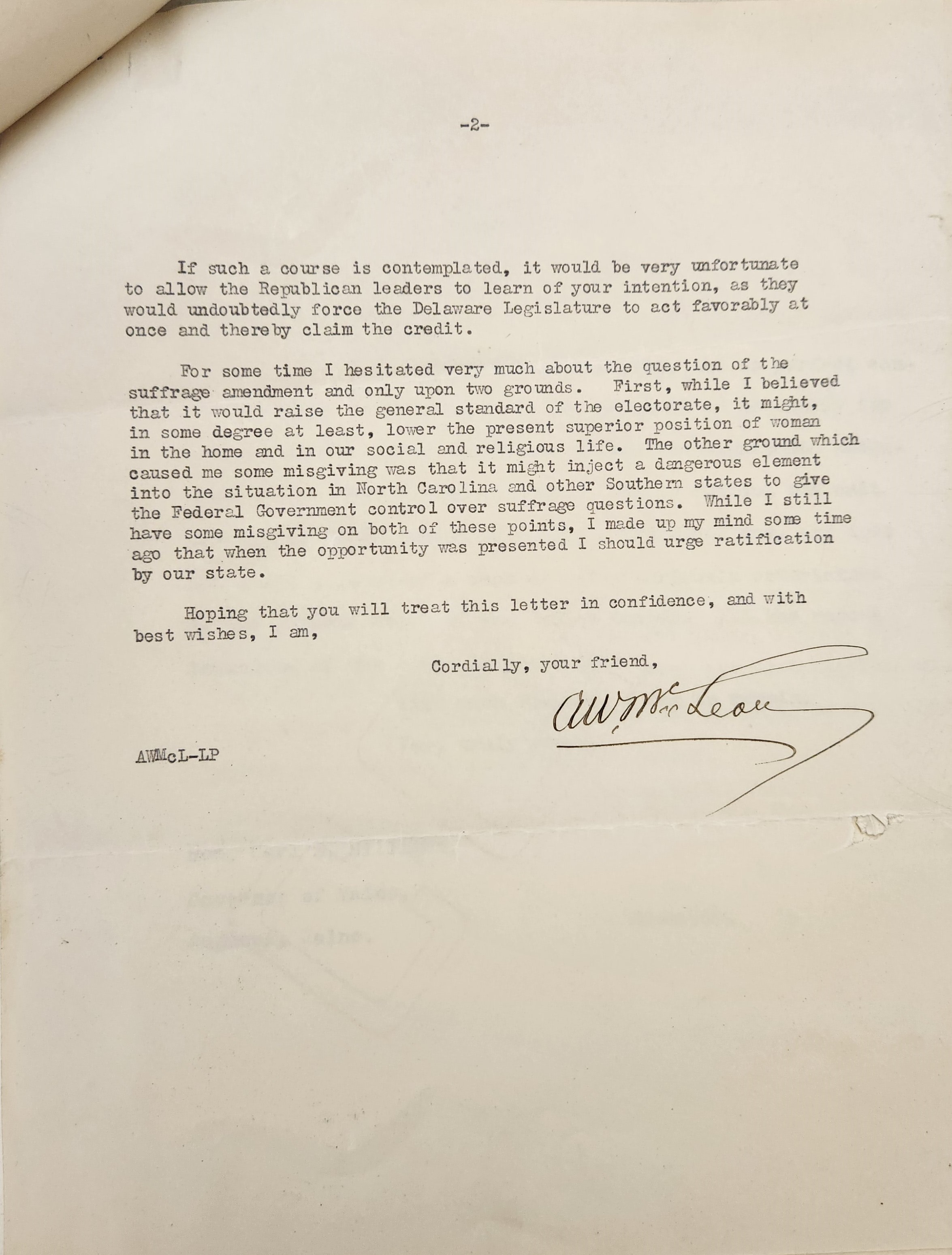 Letter from McLean to Bickett, March 27, 1920, page 2